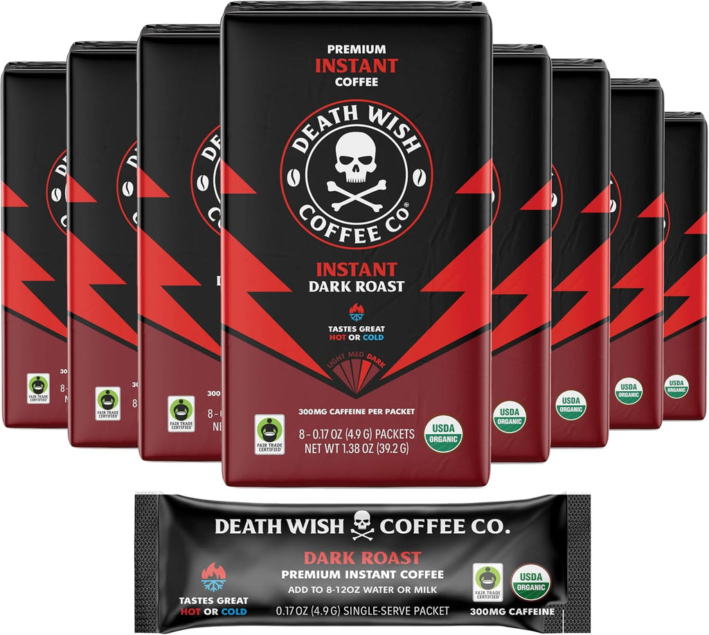 Death Wish Coffee Instant Dark Roast Coffee Packets, Bold & Intense Blend of Arabica & Robusta Beans, USDA Organic, 64 Count