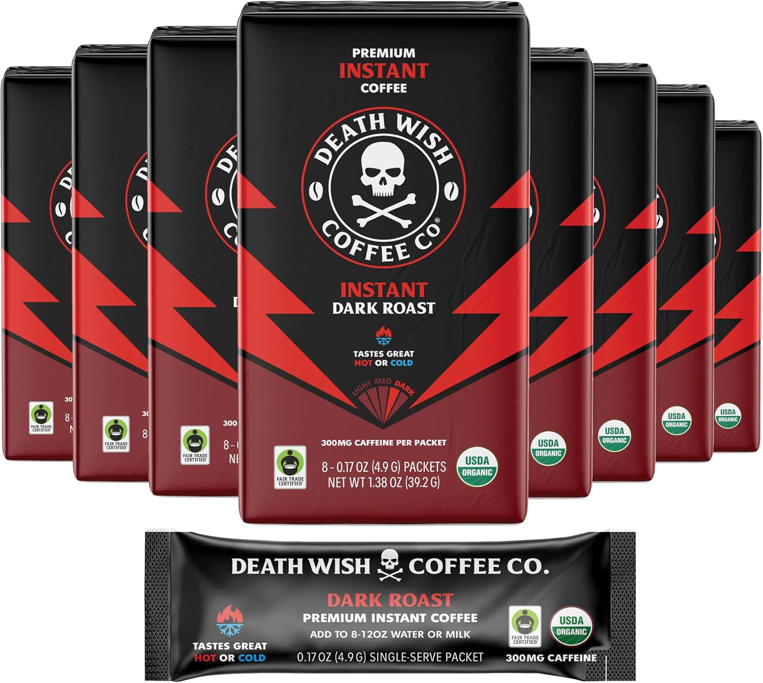 Death Wish Coffee Instant Dark Roast Coffee Packets, Bold & Intense Blend of Arabica & Robusta Beans, USDA Organic, 64 Count