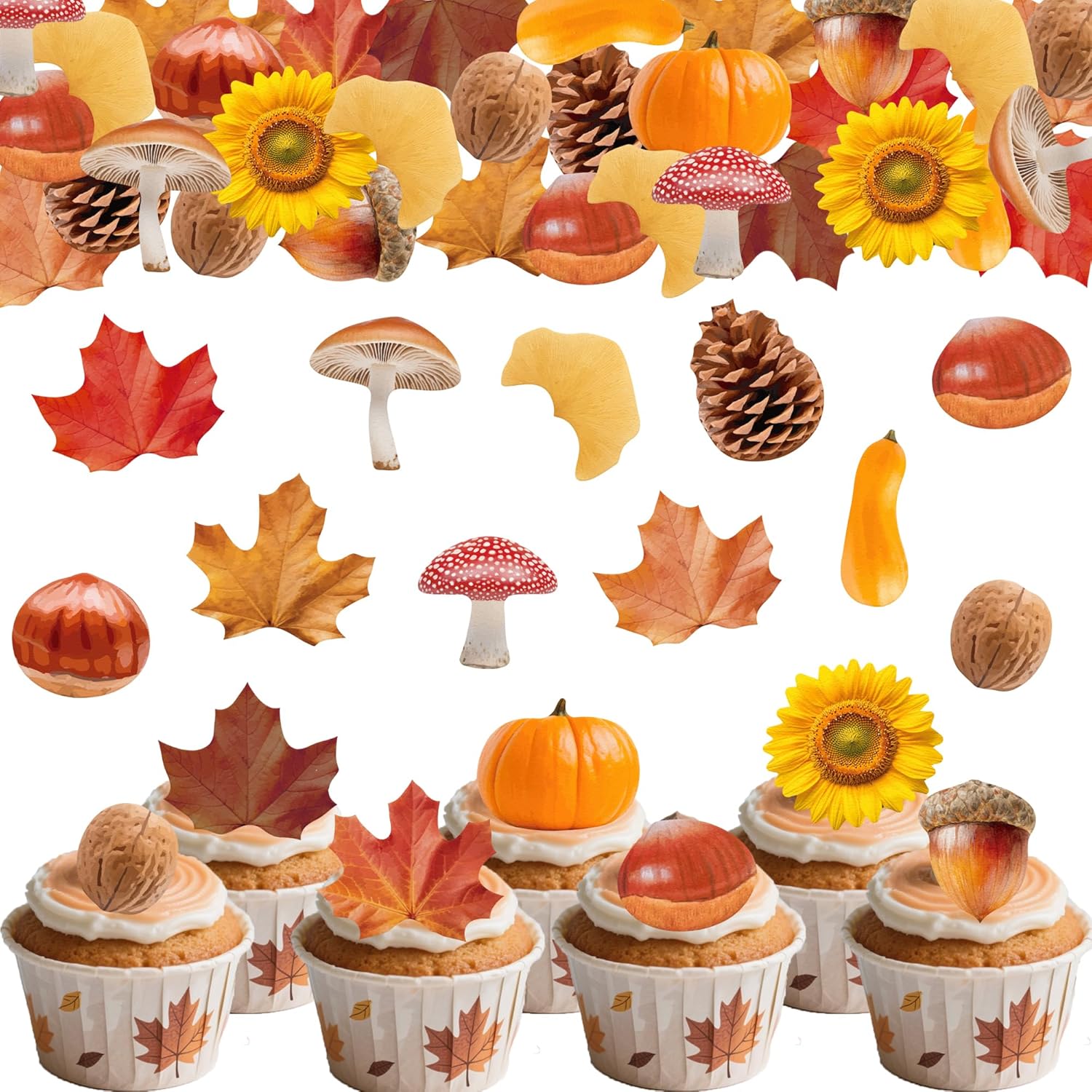 66PCS Edible Fall Leaves Cupcake Toppers Wafer Paper Autumn Maple Leaves Cake Decorations Edible Ginkgo Leaf Acorn Cupcake Picks for Autumn Thanksgiving Party Birthday Decor Supplies