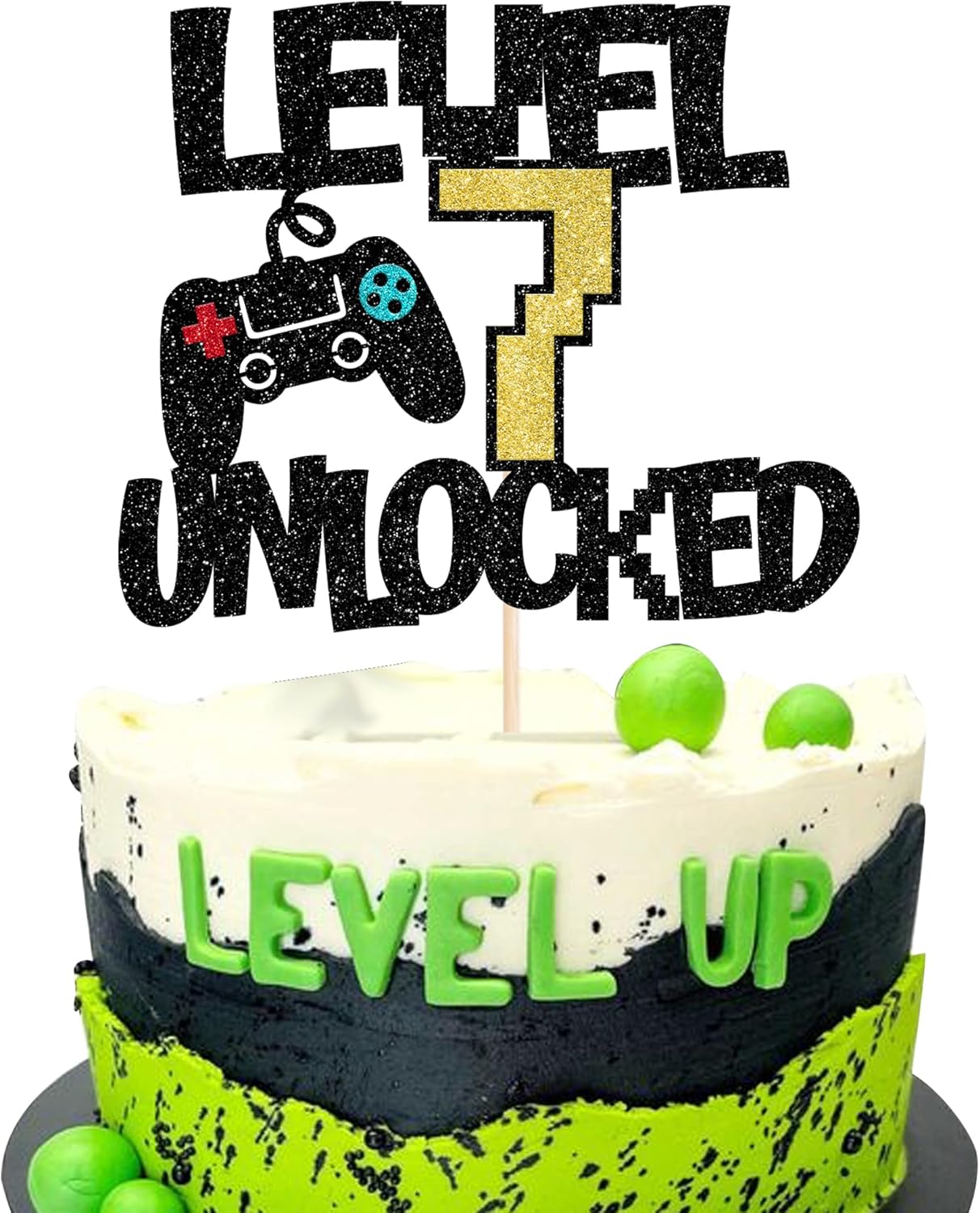 Rsstarxi 1 Pack Video Game 7th Birthday Cake Topper Level 7th Unlocked Controller Video Play Game Party Cake Pick for Level Up seventh Boys Girls Happy 9th Birthday Party Cake Decorations