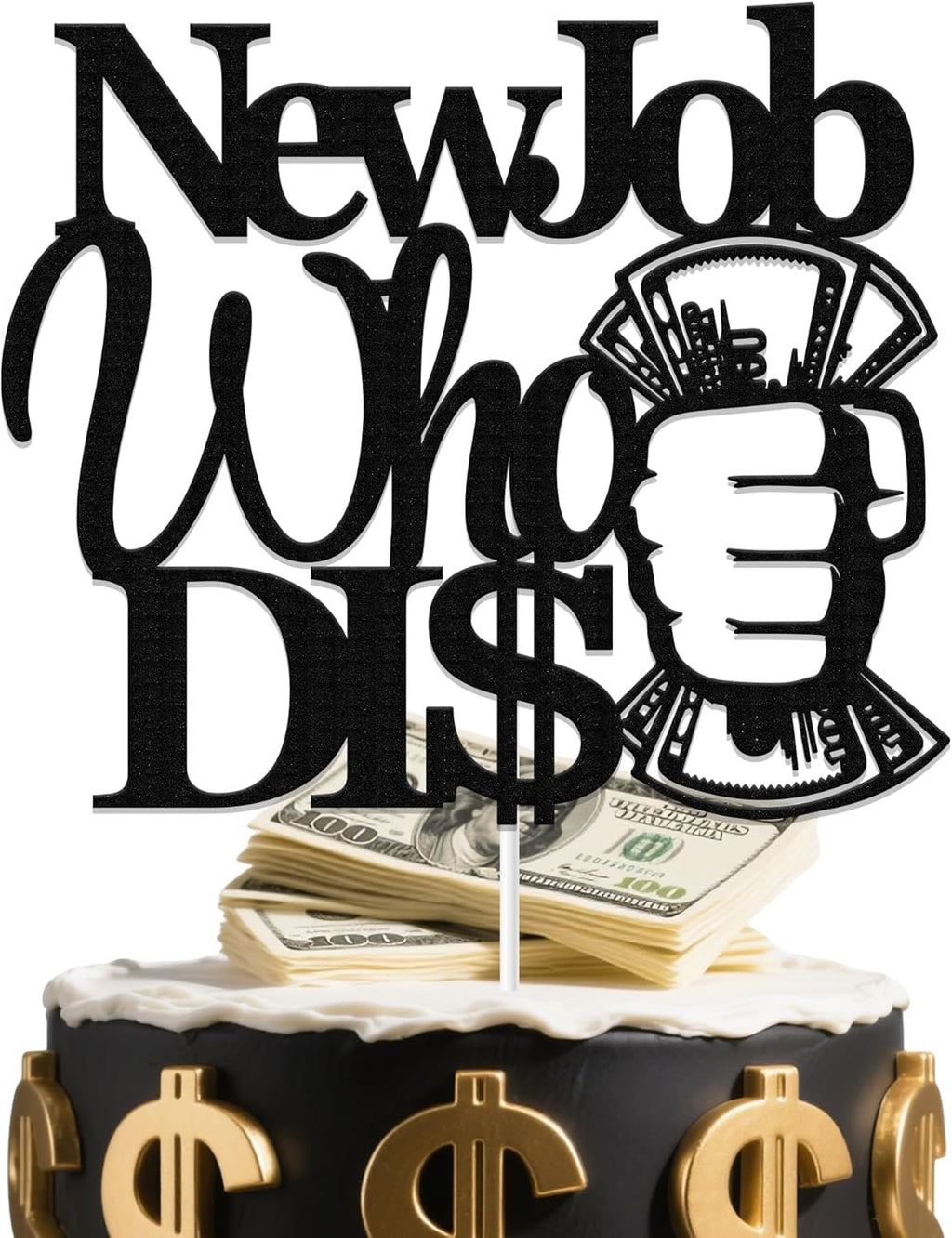 New Job Who Dis Cake Topper The Beginning of a New Chapter Decor for Going Away/Corporation Farewell Party Decoration Supplies Black Glitter
