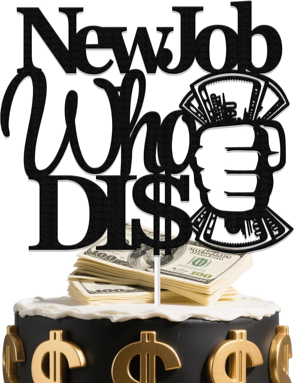 New Job Who Dis Cake Topper The Beginning of a New Chapter Decor for Going Away/Corporation Farewell Party Decoration Supplies Black Glitter