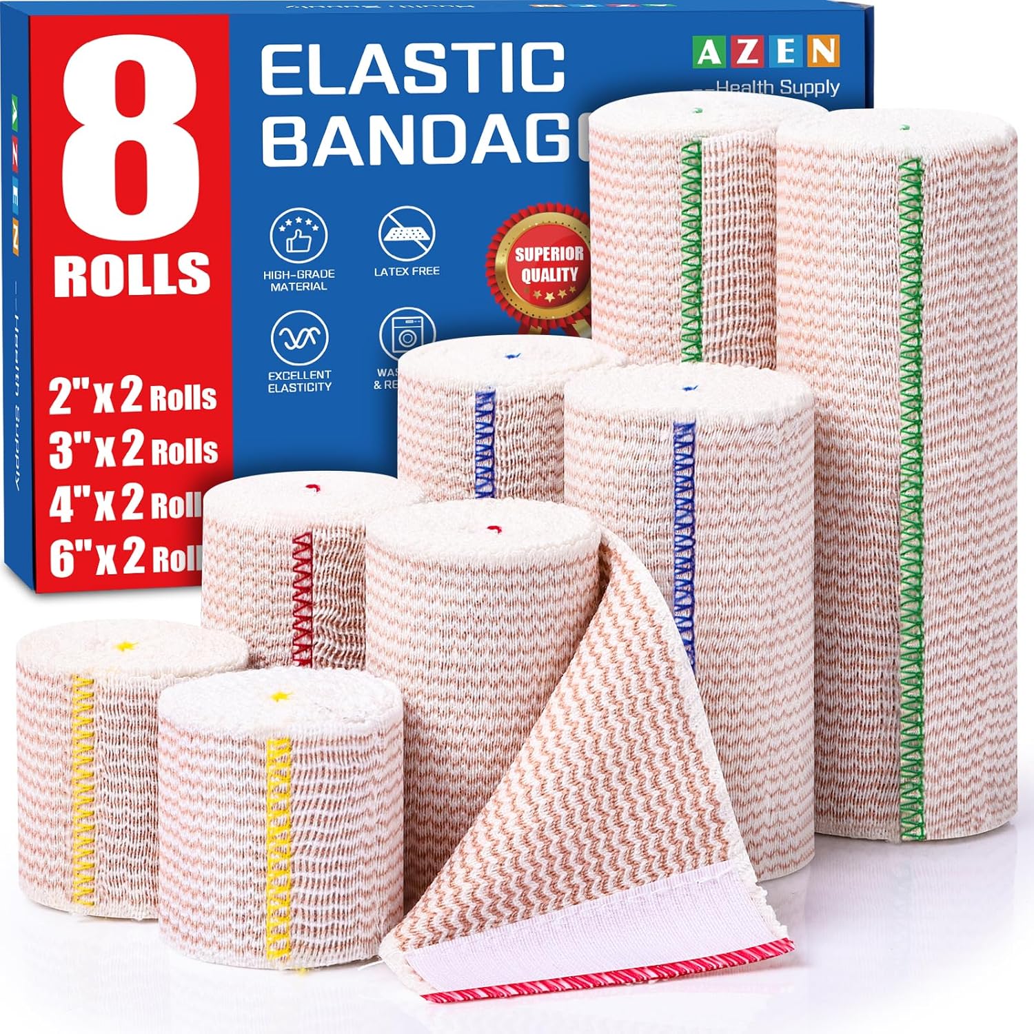 AZEN Premium 8 Pack Elastic Bandage Wrap (2x2", 2x3", 2x4", 2x6"), Compression Wrap Bandage for Legs, Ankle, Knee, Tummy, Body, Latex-Free, Lymphedema Wraps for Legs