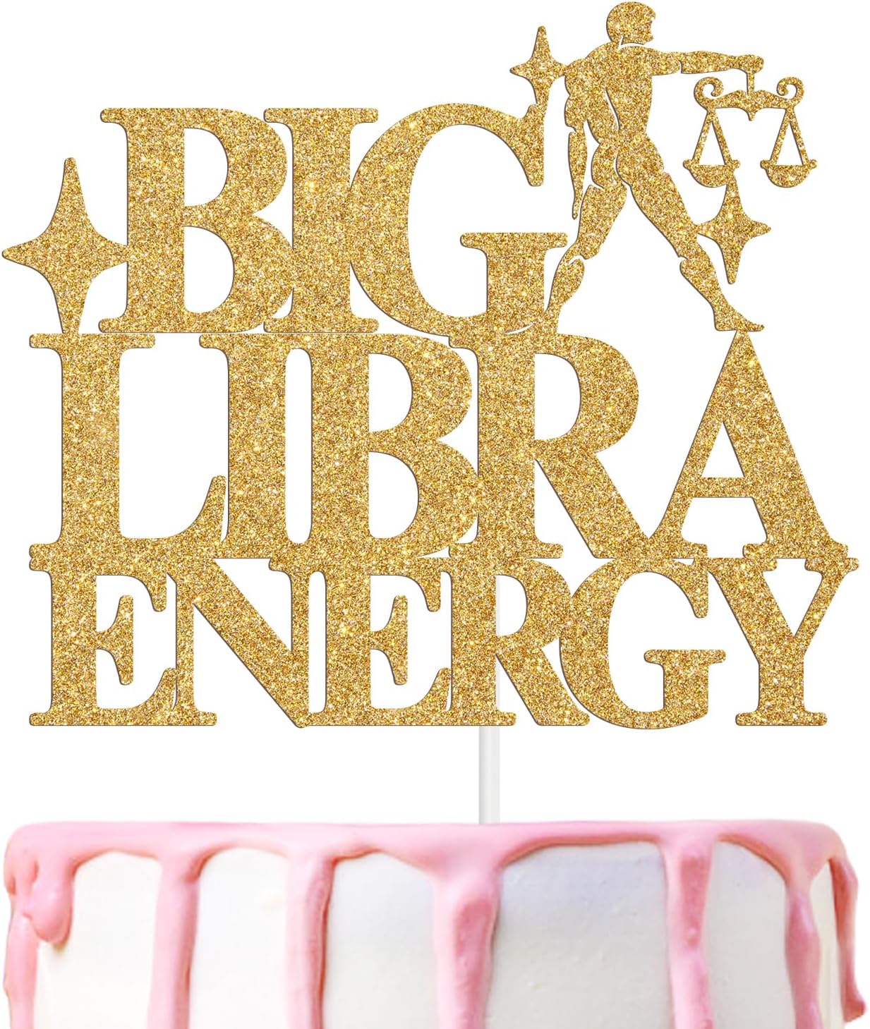 Gold Glitter Big Libra Energy Cake Topper, Happy Birthday Libra in September/October, Libra Season, 12 Zodiac Constellation Theme Birthday Party Decoration Supplies