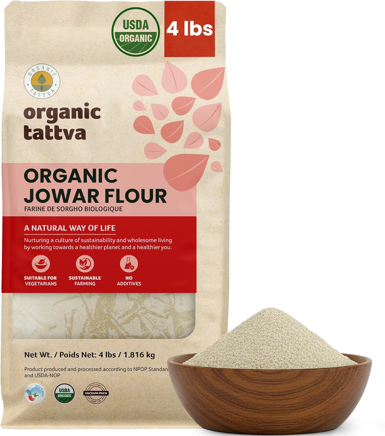 Organic Tattva Jowar Flour (4 lbs) - Organic Sorghum Flour from Sorghum Whole Grain - Gluten Free, Vegan & Kosher - Natural Plant Based Protein & Fiber - Chemical & Additives Free - USDA Certified