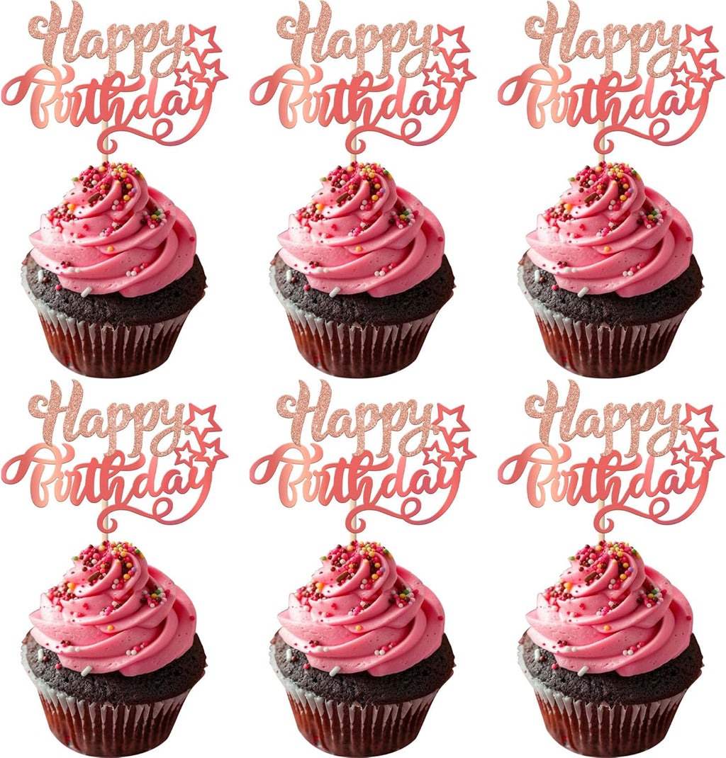 Rsstarxi 24 Pack Happy Birthday Cupcake Toppers Star Glitter Celebrating Birthday Cupcake Picks for Baby Shower Birthday Party Cake Decorations Supplies Rose Gold