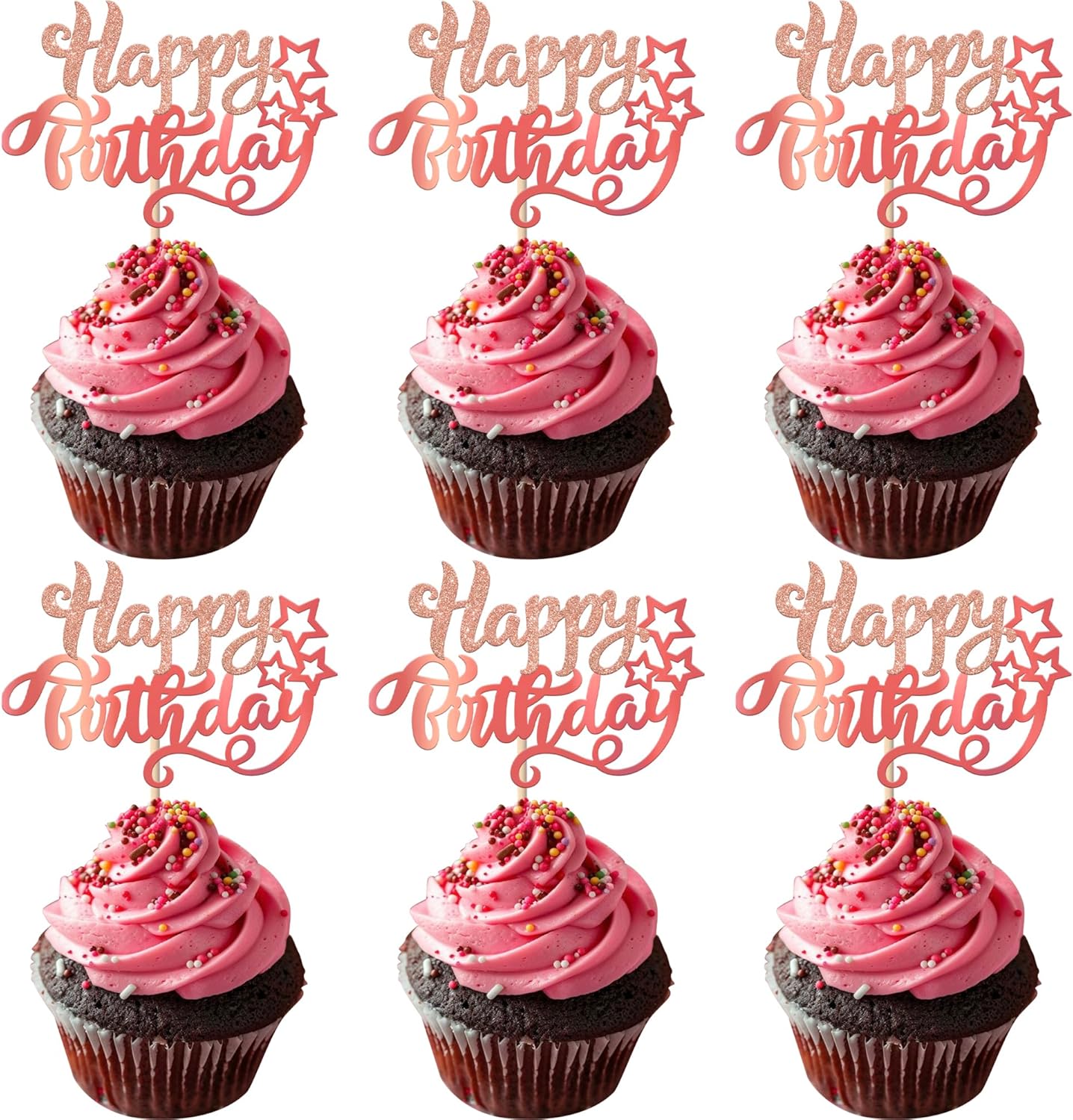 Rsstarxi 24 Pack Happy Birthday Cupcake Toppers Star Glitter Celebrating Birthday Cupcake Picks for Baby Shower Birthday Party Cake Decorations Supplies Rose Gold