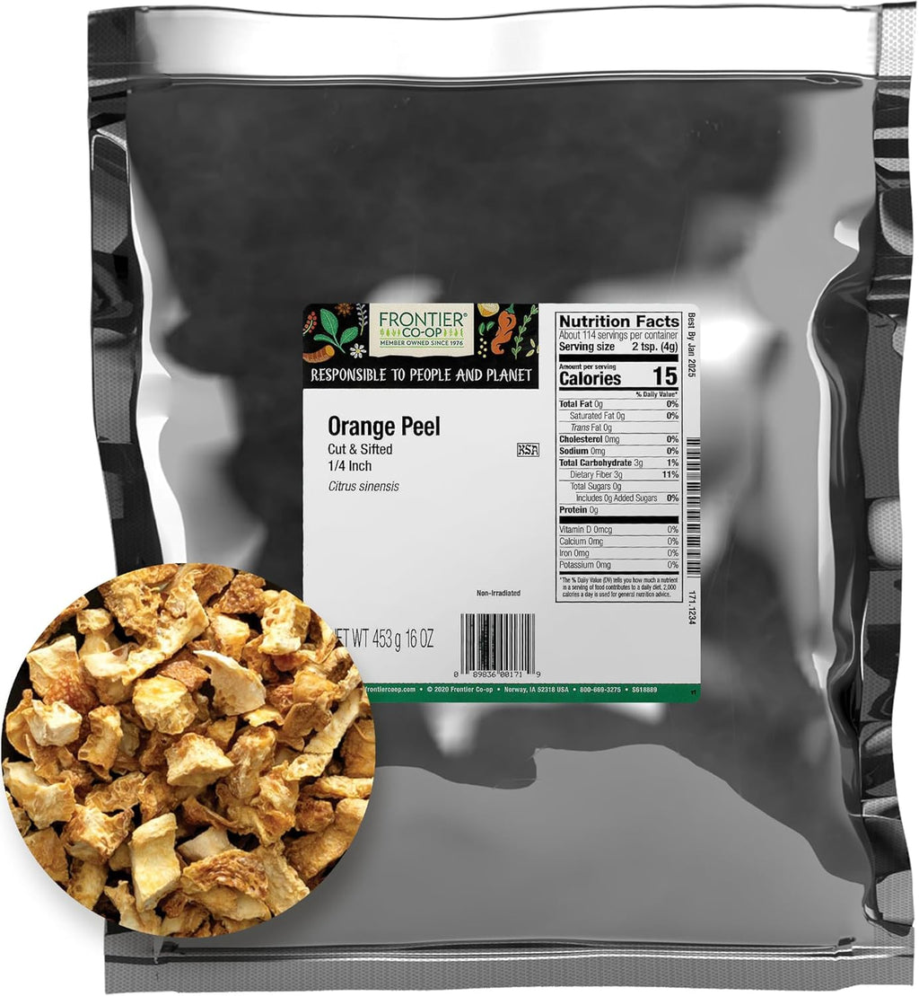 Frontier Co-op Orange Peel, Cut and Sifted, 1/4" Inch, Bulk Bag, Kosher | 16 Ounce (Pack of 1)