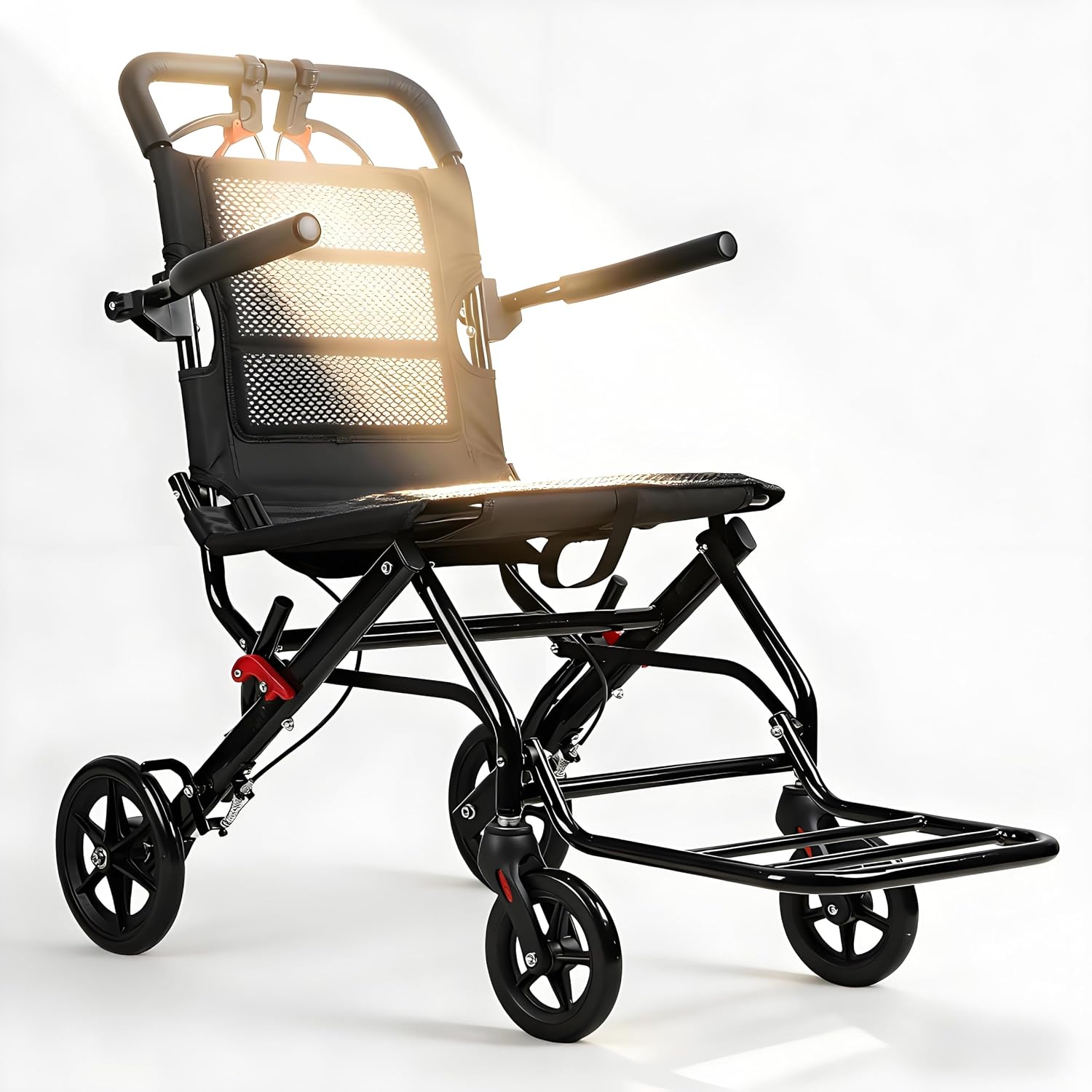 18 Inch Wide Portable Foldable Wheelchair for Adults, Lightweight Aluminum Alloy Transport Chair with Ergonomic Handbrake & Adjustable Seat Belt, Travel/Airplane/Car-Friendly Mobility Aid Black