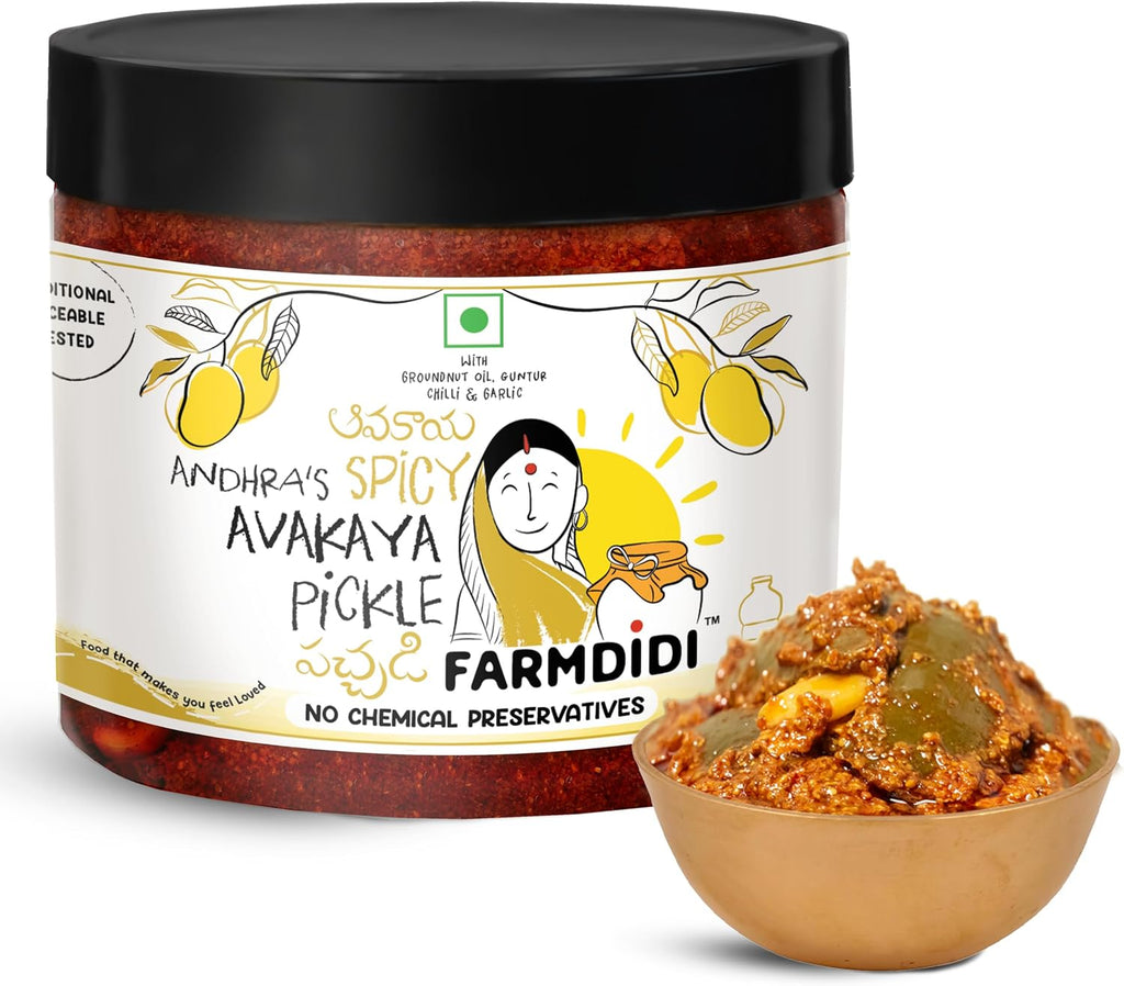FarmDidi Avakaya Mango Pickle | Avakaya Aam Ka Achaar | Preservative Free Indian Spicy Aam Ka Achar | Andhra Style Authentic Special Mango Pickle | Theekha Homemade Pickles 325g