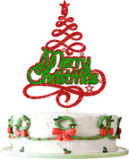 Gyufise 1 Pack Merry Christmas Cake Topper Red Green Glitter Xmas Tree Merry Christmas Cake Pick Decorations for Xmas Theme Happy New Year Party Supplies