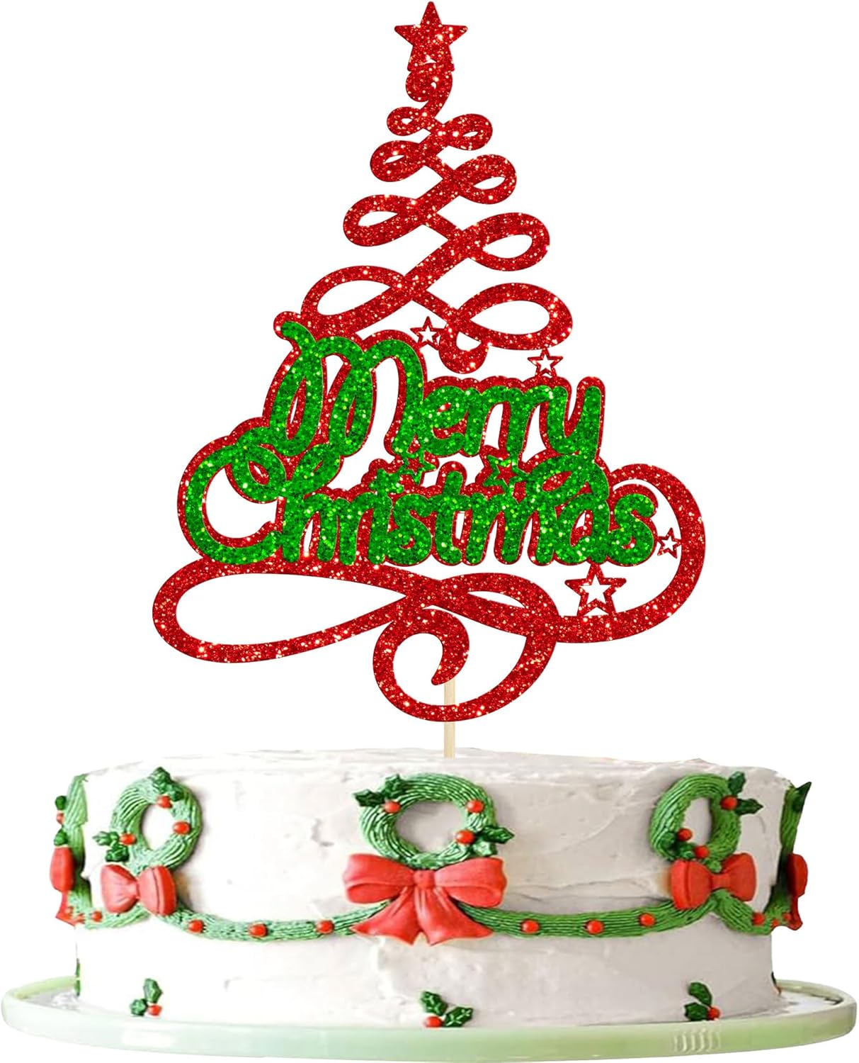Gyufise 1 Pack Merry Christmas Cake Topper Red Green Glitter Xmas Tree Merry Christmas Cake Pick Decorations for Xmas Theme Happy New Year Party Supplies