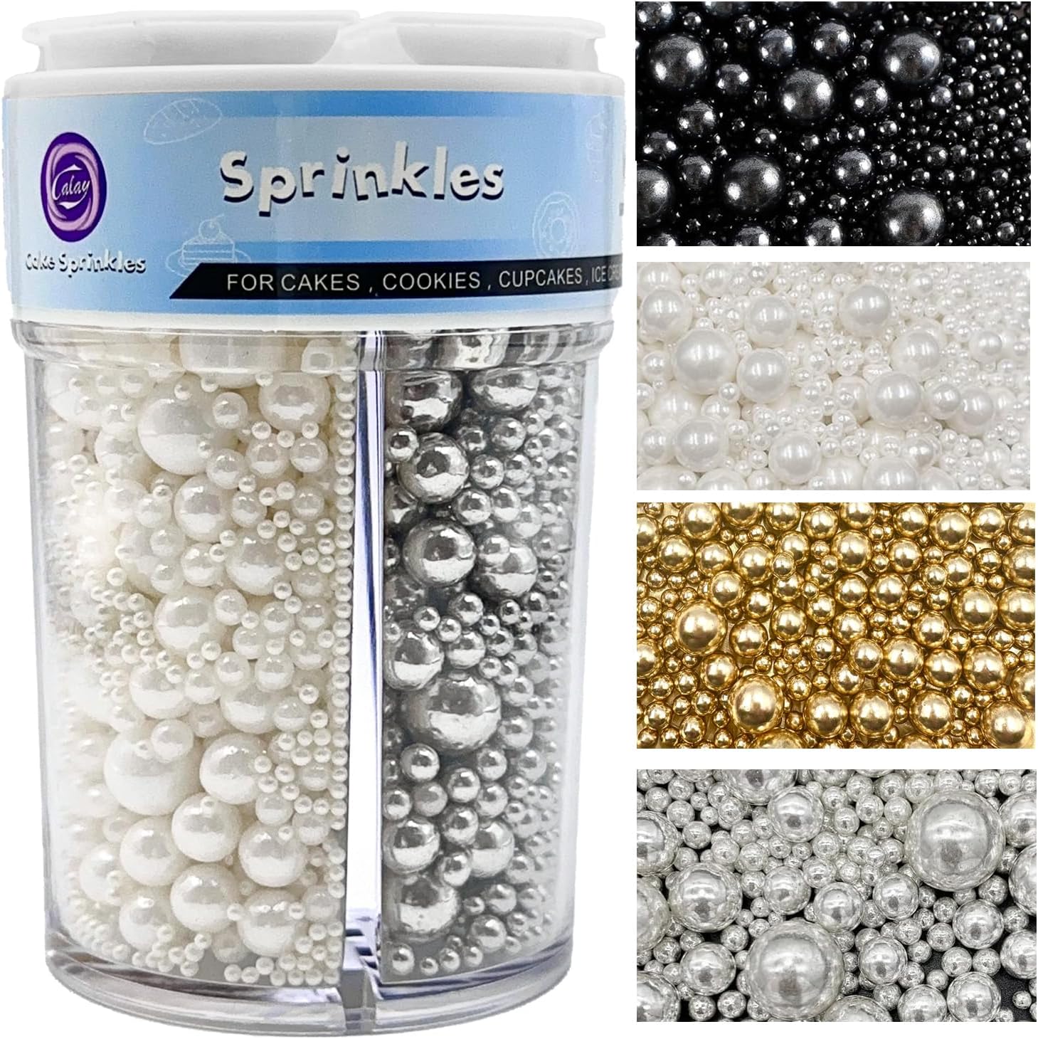 Sprinkles for Cake Decorating, Gold Silver White and Black Pearl Sprinkles Mix for Cookie Baking Ice Cream Cupcake Topping