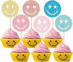 Gyufise 24Pcs Preppy Smile Face Cupcake Toppers Glitter Star Lightning Y2k 2000s Pink Party Bachelorette Cupcake Picks for Preppy Y2k Theme Bachelorette Birthday Party Supplies Colorful 1