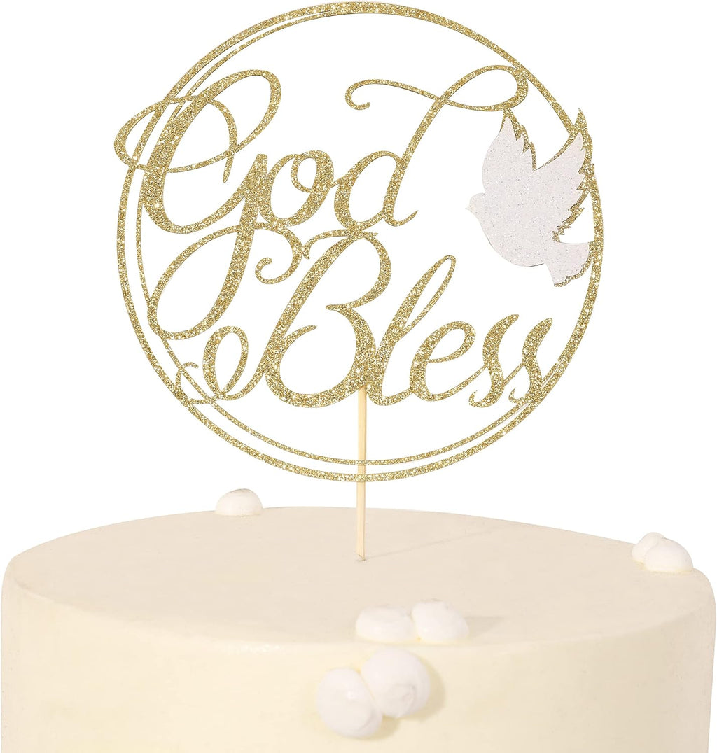 God Bless Cake Topper with Dove - Glitter Gold Baptism Cake Topper, First Communion CakeTopper, Religious Baptism, Christening, Child Dedication Keepsake Decorations