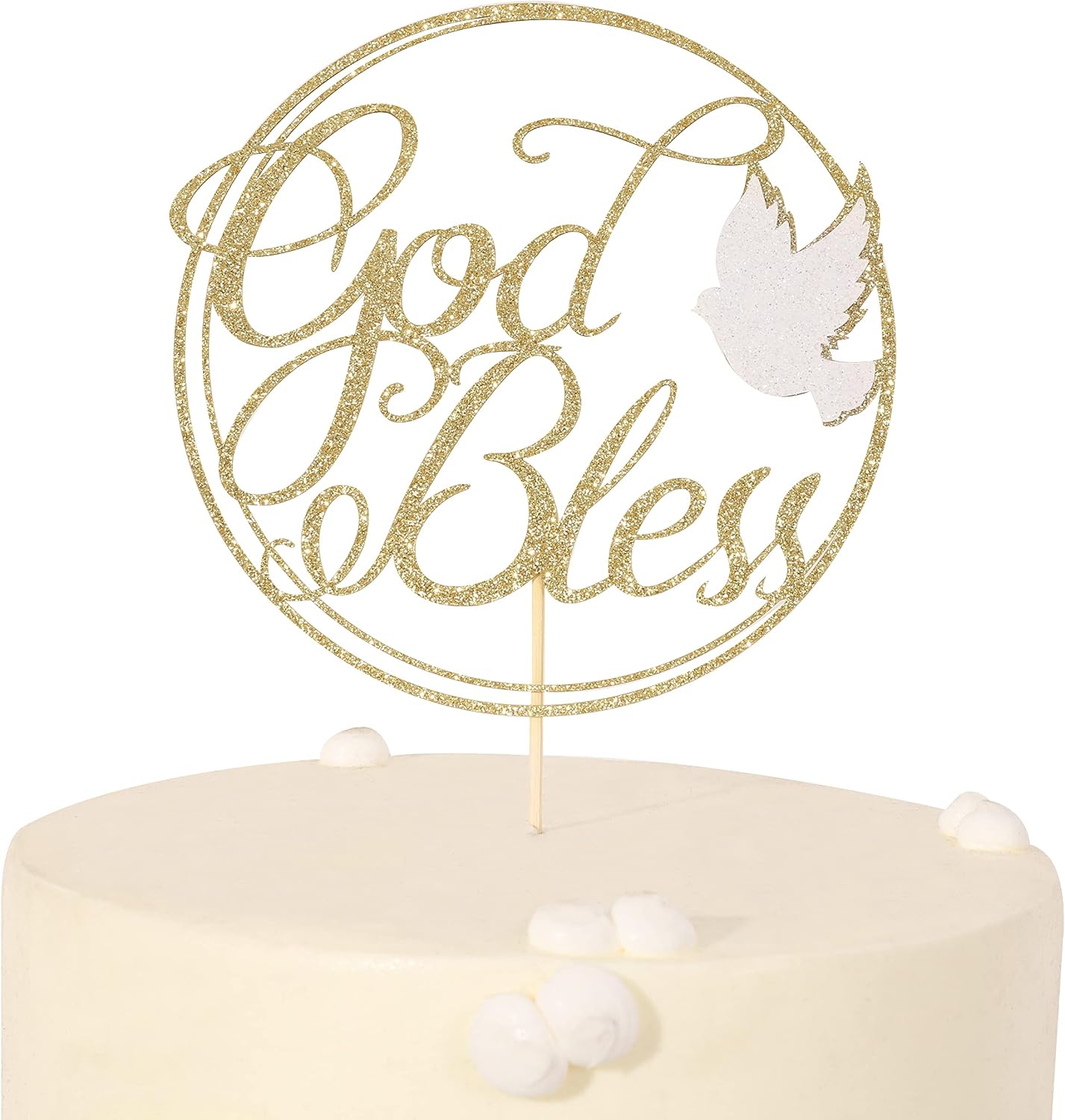God Bless Cake Topper with Dove - Glitter Gold Baptism Cake Topper, First Communion CakeTopper, Religious Baptism, Christening, Child Dedication Keepsake Decorations
