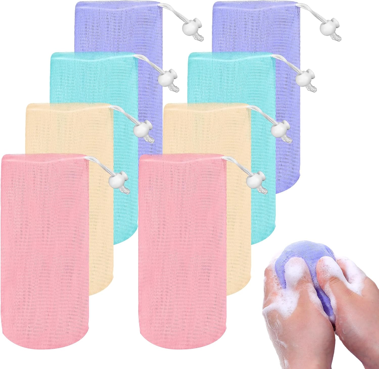 8 Pcs Exfoliating Mesh Soap Bag, Multicolor Soap Saver Pouch with Drawstring Reusable Bubble Soaps Scrubber Pouch Portable Body Cleaning Tool for Shower Body Facial Cleaning