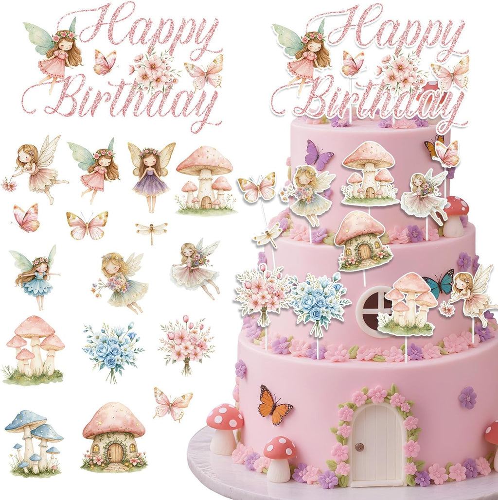 Fairy Birthday Party Cake Decorations, 33PCS Pink Fairy Happy Birthday Cake Topper and Cupcake Toppers, Mushroom Garden Fairytale Decor for Girls Women
