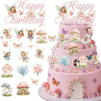 Fairy Birthday Party Cake Decorations, 33PCS Pink Fairy Happy Birthday Cake Topper and Cupcake Toppers, Mushroom Garden Fairytale Decor for Girls Women