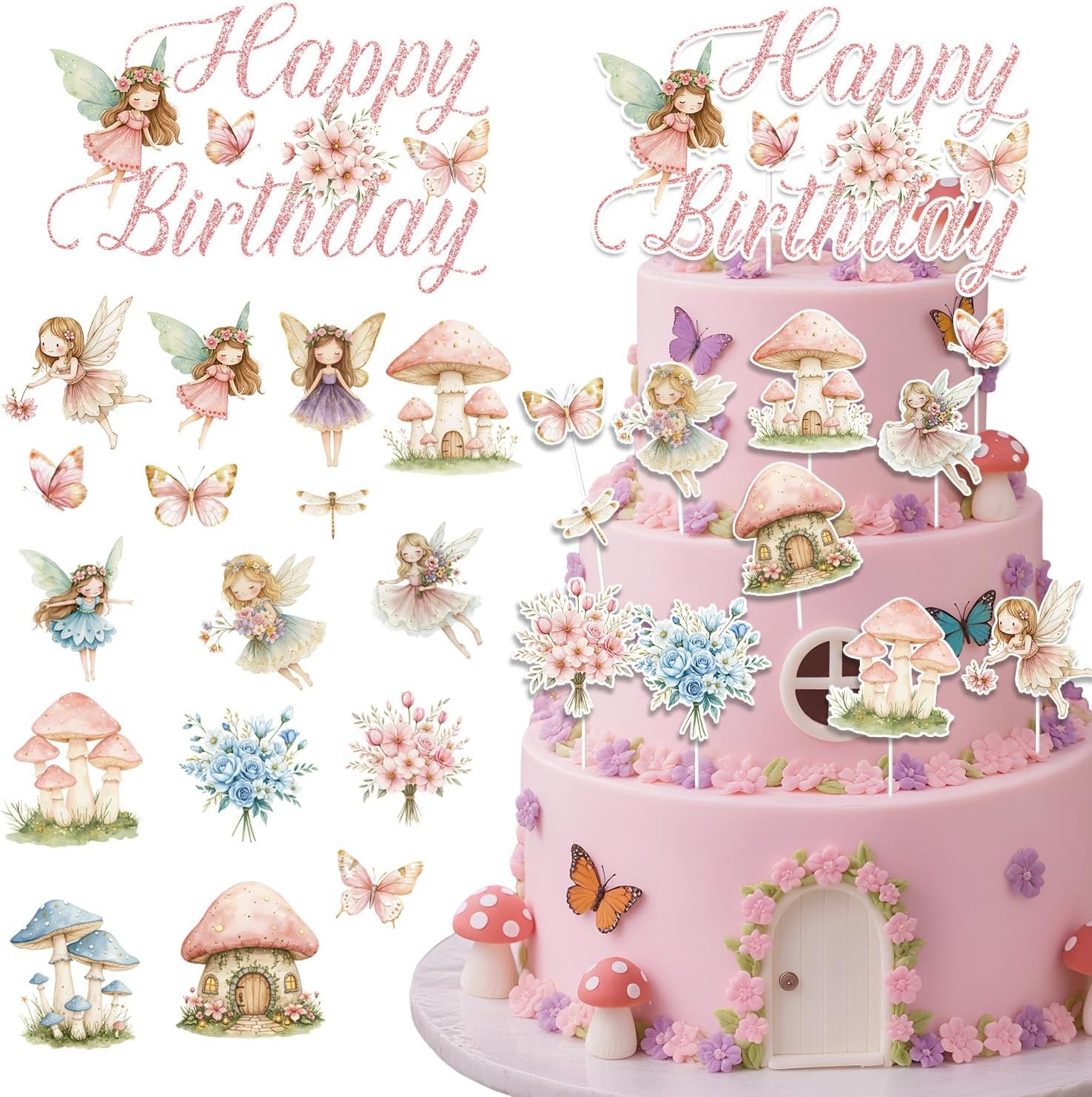 Fairy Birthday Party Cake Decorations, 33PCS Pink Fairy Happy Birthday Cake Topper and Cupcake Toppers, Mushroom Garden Fairytale Decor for Girls Women