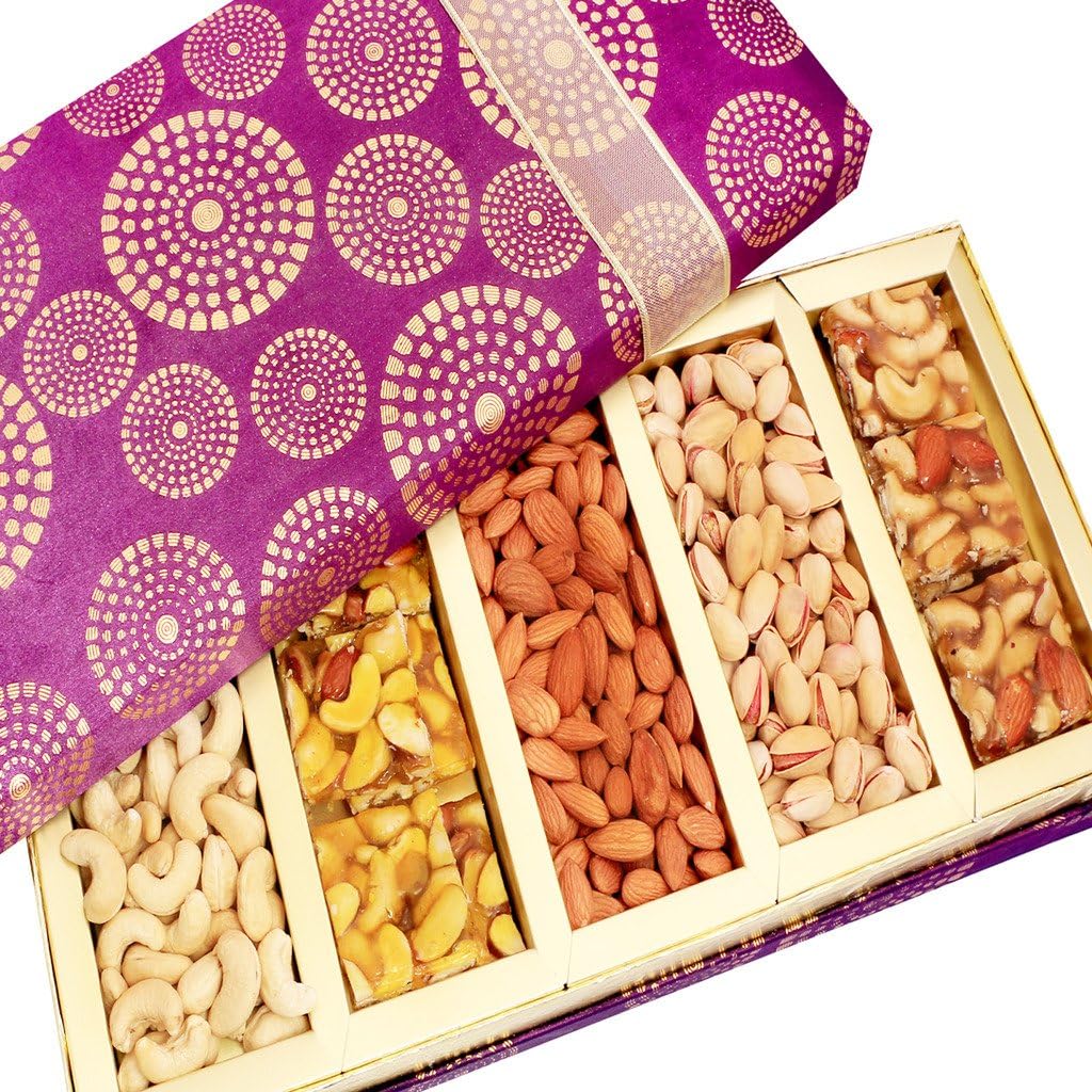 Ghasitaram GiftsSatin 5 Part Dry Fruit and Dry Fruit Chikki Box Hamper
