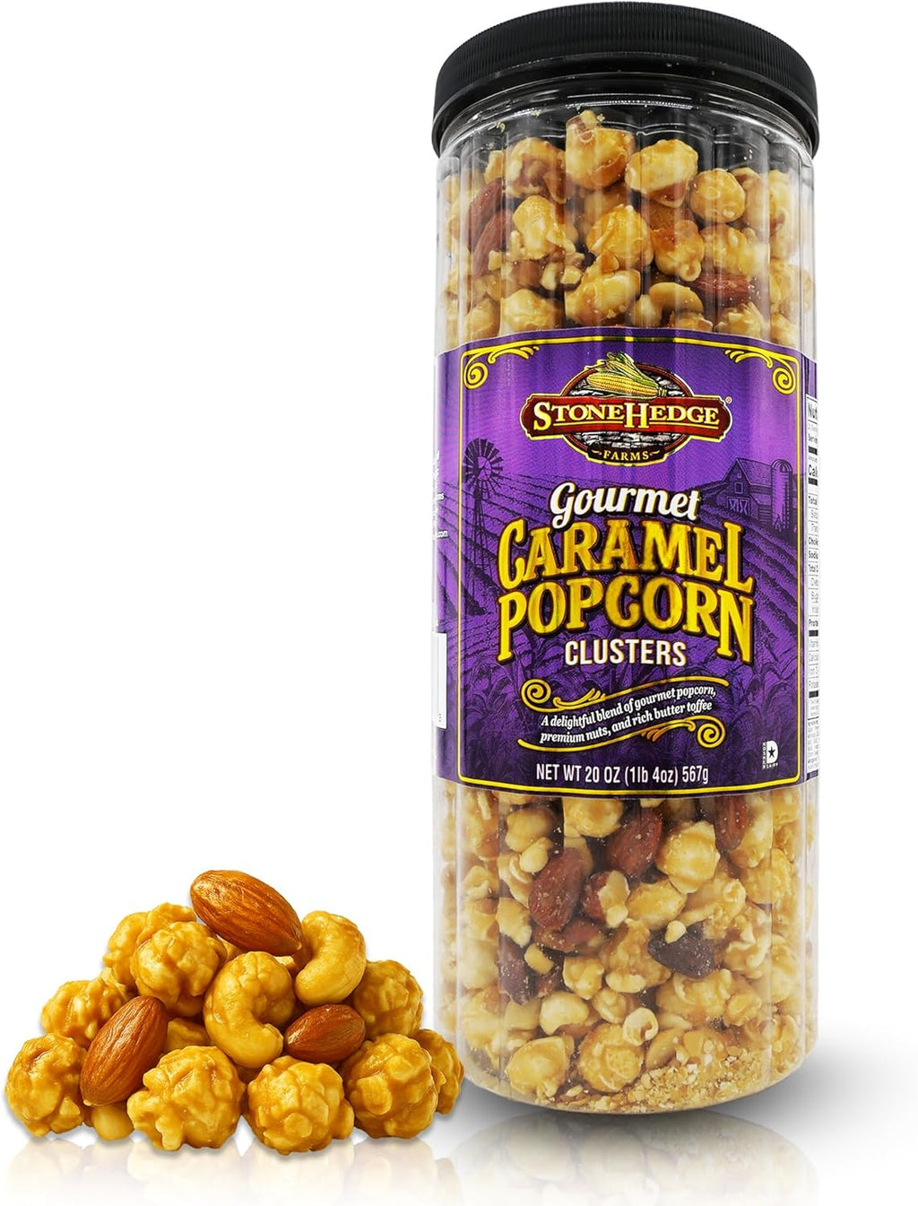 Stonehedge Farms Gourmet Caramel Popcorn Clusters | 20 oz Reclosable Container | Mix Of Pop corn, Cashews, Almonds and Butter Toffee | Holiday Snack Gift