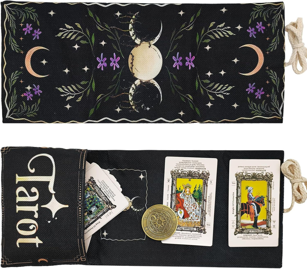 Knana 2Pcs Tarot Card Holder Linen Tarot Bag with Sun Moon Pattern Tarot Accessories Tarot Card Bag