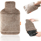 samply Hot Water Bottle with Soft Thick Faux Fur Cover and Hand Pocket，2L Hot Water Bag for Hot Compress, Pain Relief, Body Warmer, Umber