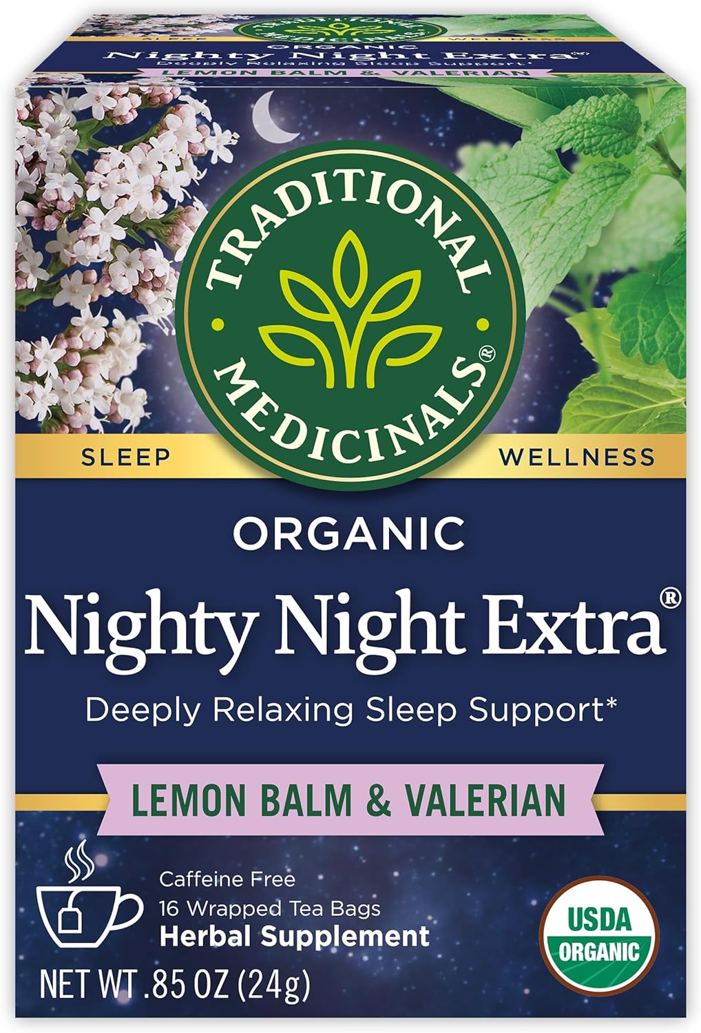 Traditional Medicinals Organic Nighty Night Extra Tea With Valerian Root for Relaxation, 16 Tea Bags (Pack of 1)