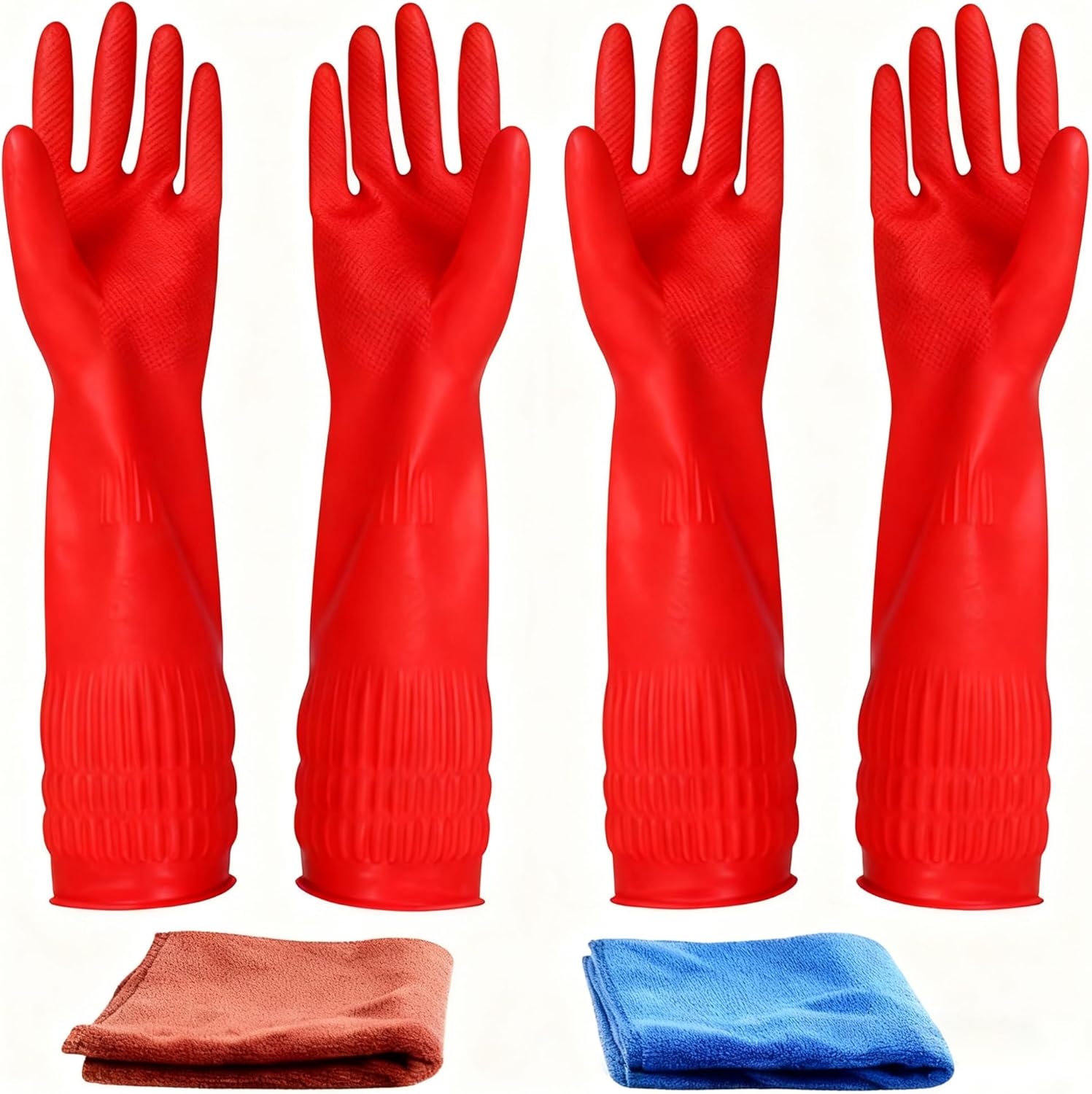 Rubber Cleaning Gloves Kitchen Dishwashing Glove 2-Pairs And Cleaning Cloth 2-Pack,Waterproof Reuseable.(Medium)