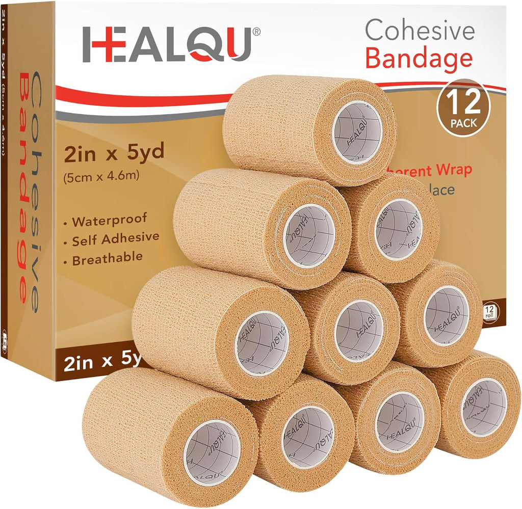 HEALQU Self Adhesive Bandage Wrap - 12 Rolls 2in x 5yd Cohesive Tape for Athletic and Sports - Self Adherent Medical Tape, Flexible, Elastic Bandages for Wrist & Ankle Vet Wrap for Dogs