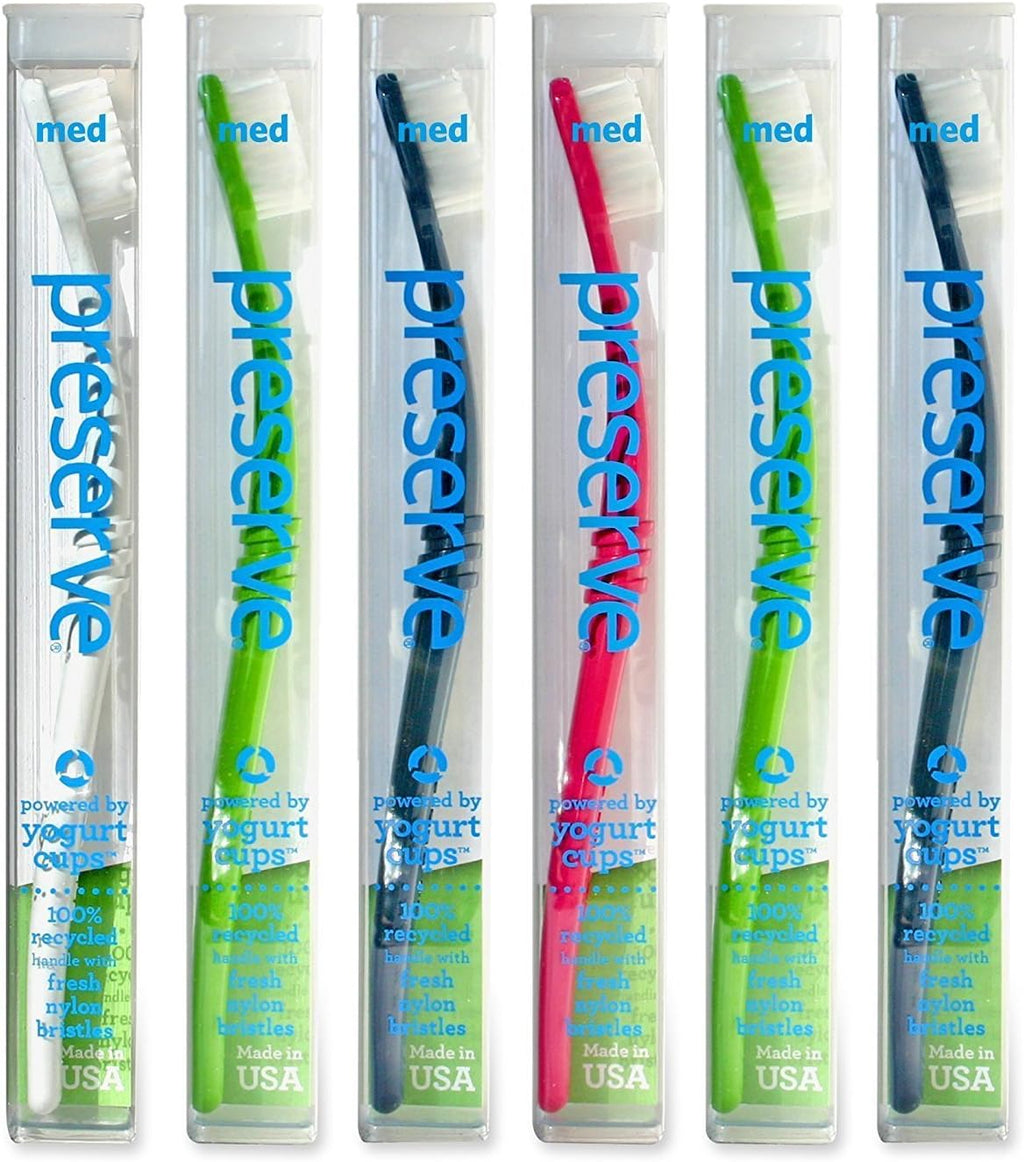 Preserve Toothbrushes with Travel Case, Medium Bristles, (Pack of 6) (Colors Vary)