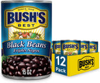 BUSH'S BEST 15 oz Canned Black Beans, Source of Plant Based Protein and Fiber, Low Fat, Gluten Free, (Pack of 12)