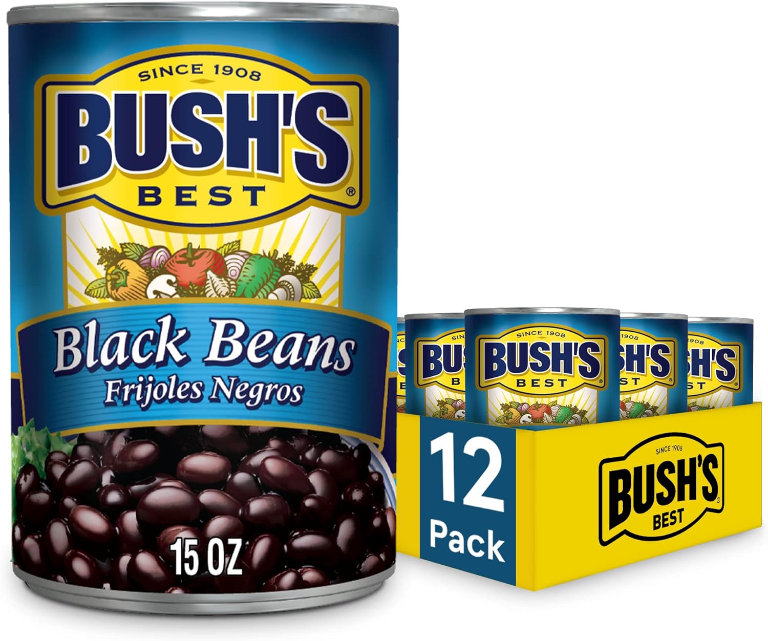 BUSH'S BEST 15 oz Canned Black Beans, Source of Plant Based Protein and Fiber, Low Fat, Gluten Free, (Pack of 12)