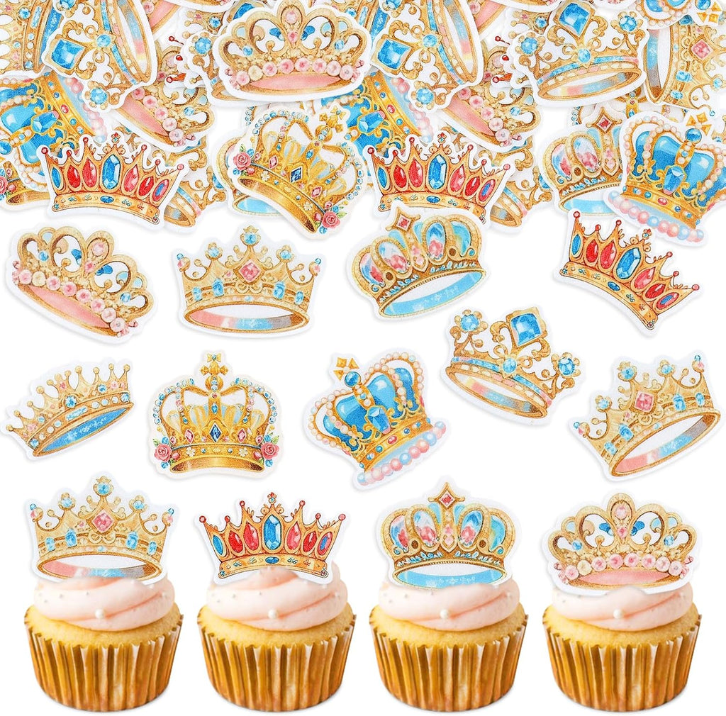 40PCS Edible Prince Princess Crown Cupcake Toppers Edible King Queen Crowns Cupcake Picks for Crown Theme Baby Shower Bridal Shower Wedding Princess Girls Prince Boys Birthday Party Decorations