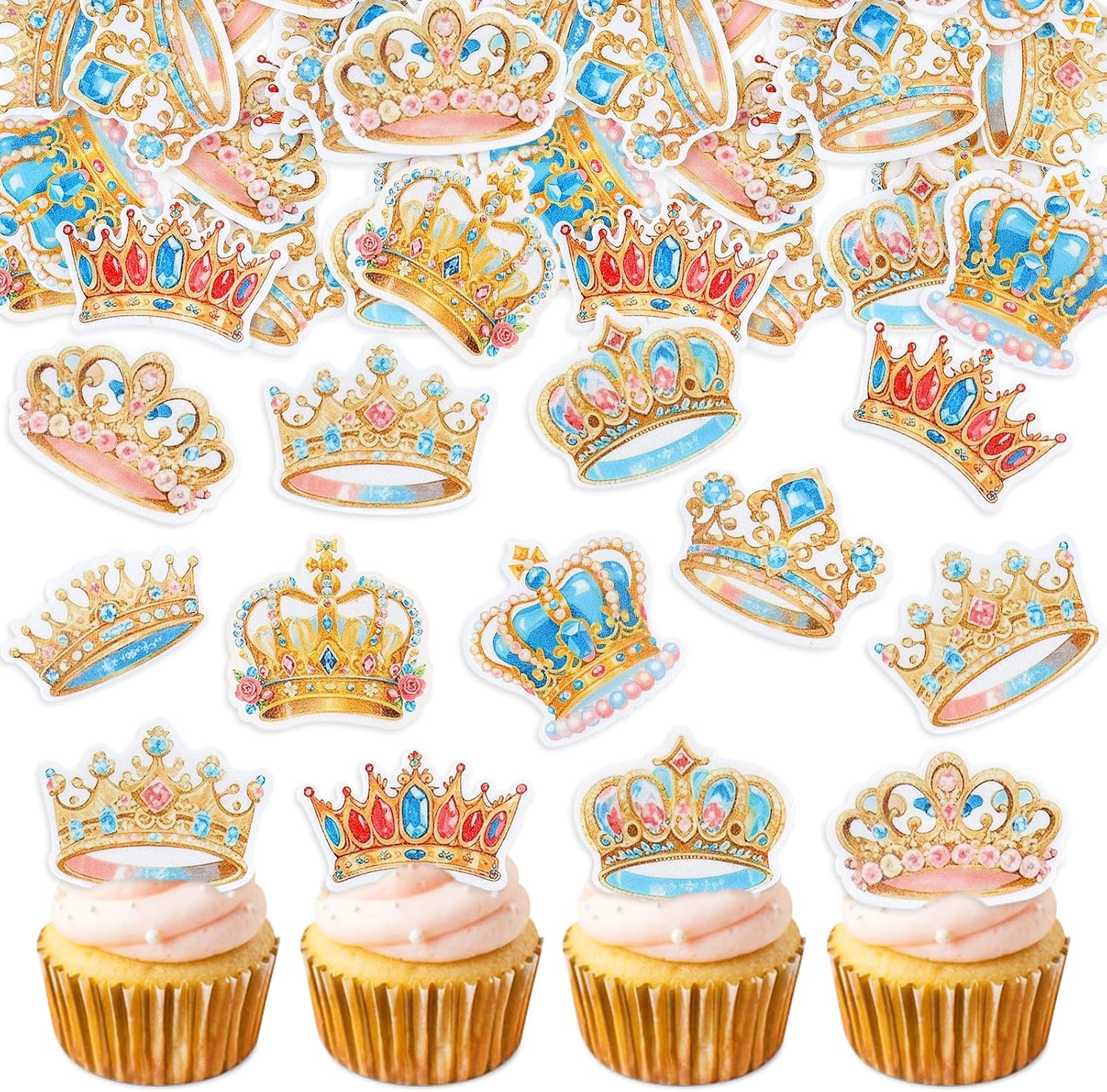 40PCS Edible Prince Princess Crown Cupcake Toppers Edible King Queen Crowns Cupcake Picks for Crown Theme Baby Shower Bridal Shower Wedding Princess Girls Prince Boys Birthday Party Decorations