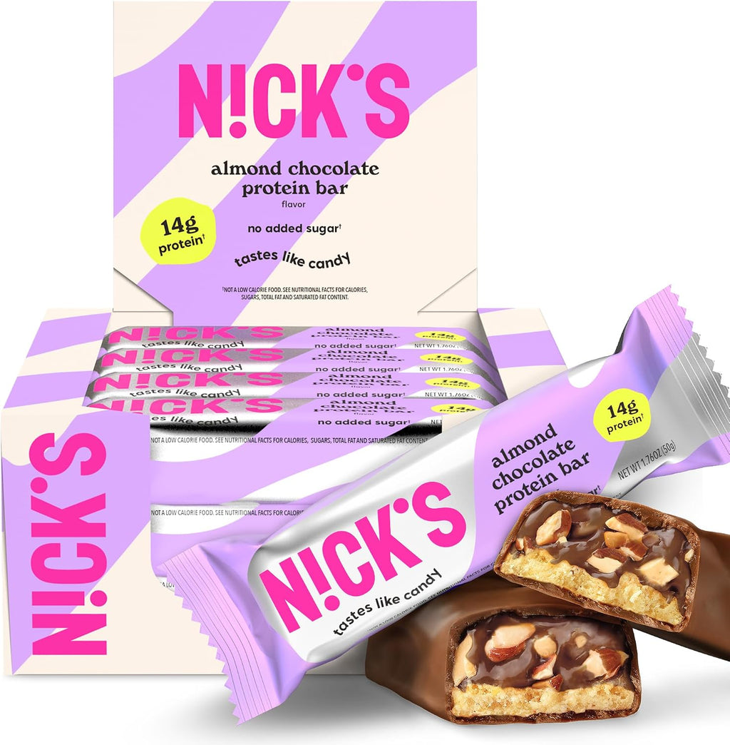 N!CK'S Protein Bars Almond Chocolate – 12-Count Box | Protein-Packed Snack, Low Calories, Low Carbs, Keto Friendly, No Added Sugar (12 bars x 50g)