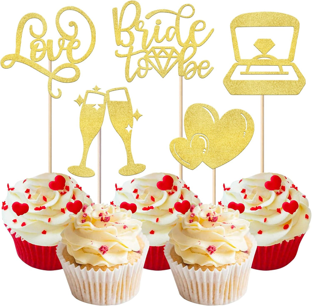 Rsstarxi 30 Pack Bride to Be Cupcake Toppers with Love Heart Ring Bridal Shower Cupcake Picks for Wedding Engagement Bachelorette Party Cake Decorations Gold