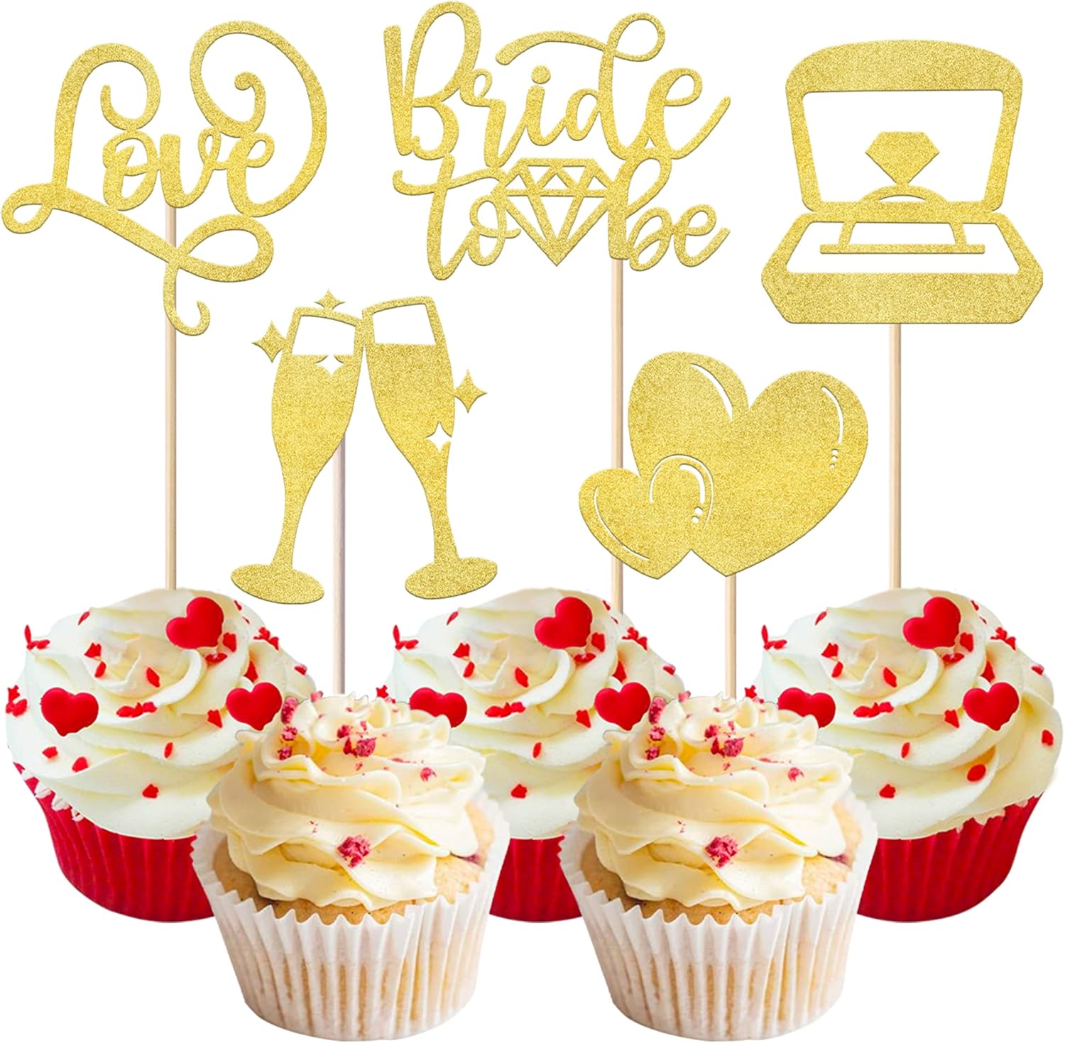 Rsstarxi 30 Pack Bride to Be Cupcake Toppers with Love Heart Ring Bridal Shower Cupcake Picks for Wedding Engagement Bachelorette Party Cake Decorations Gold