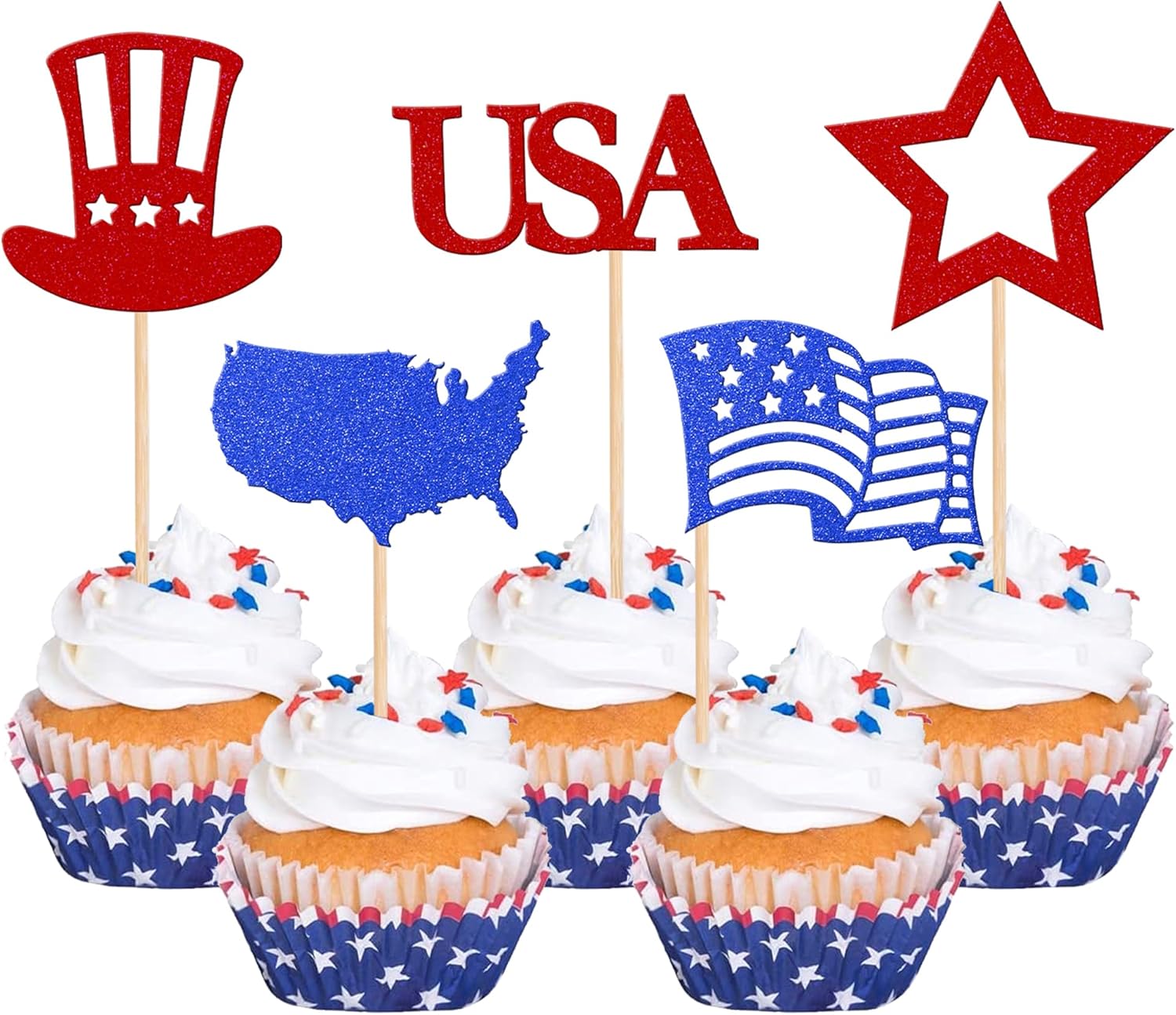 30 PCS Independence Day Cupcake Toppers with Flag Map Star USA Patriotic Cupcake Picks Happy 4th of July American National Independence Day Theme Party Cake Decorations Supplies