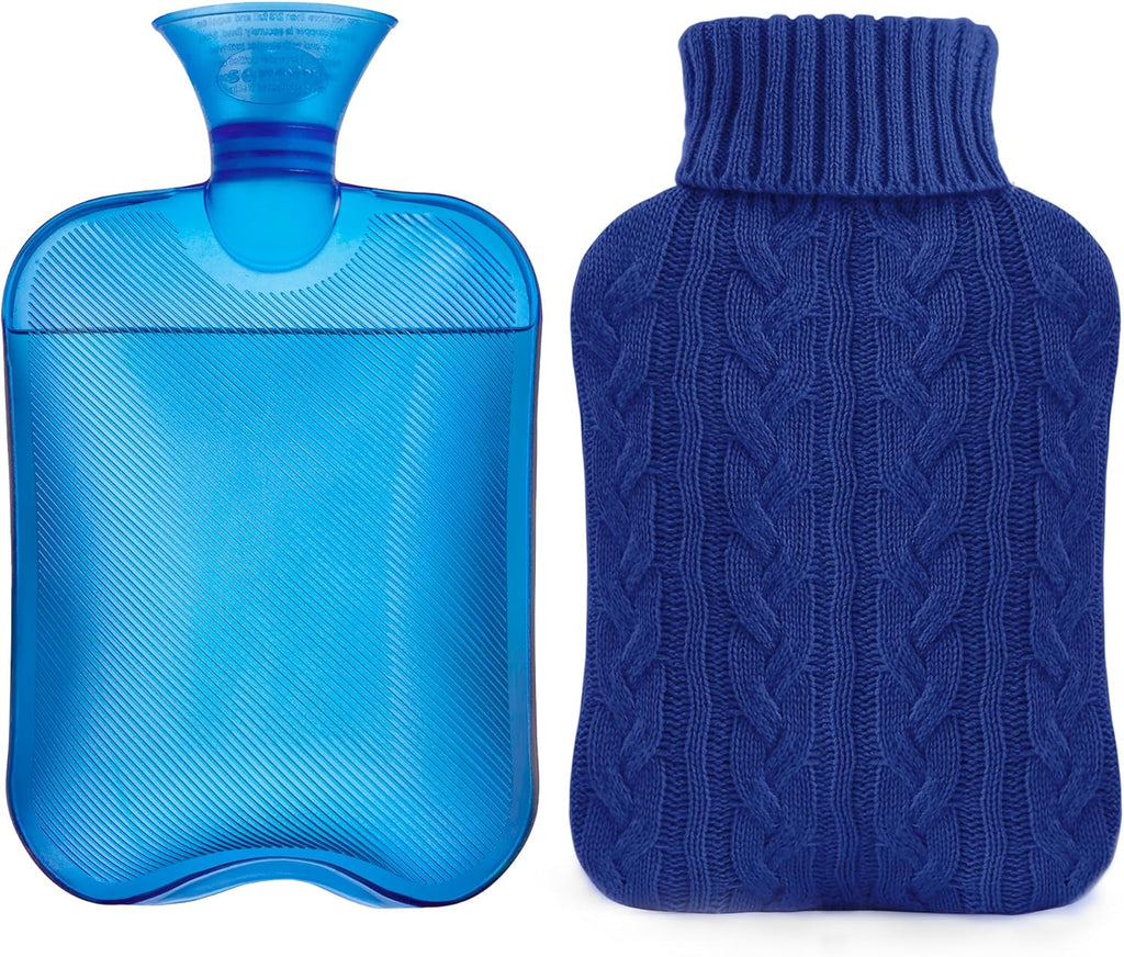 samply Hot Water Bottle with Knitted Cover, 2L Hot Water Bag for Hot and Cold Compress, Hand Feet Warmer, Ideal for Menstrual Cramps, Neck and Shoulder Pain Relief,Navy