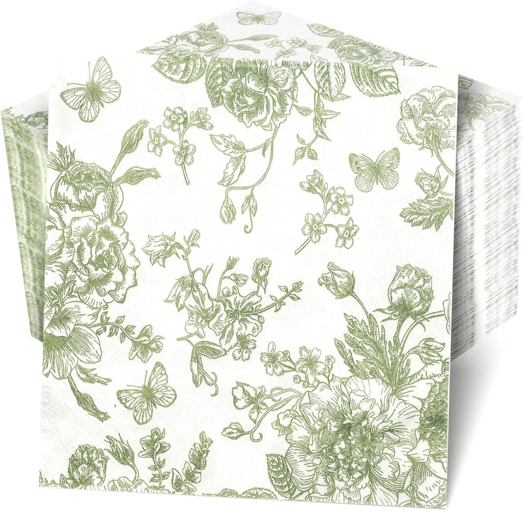 Mwellewm 100Pcs Sage Green Floral Napkins Beverage Cocktail Napkin Disposable Green Paper Dinner Napkin Fancy Decorative Hydrangea Flower Guest Hand Towel for Wedding Bridal Baby Shower Birthday Party