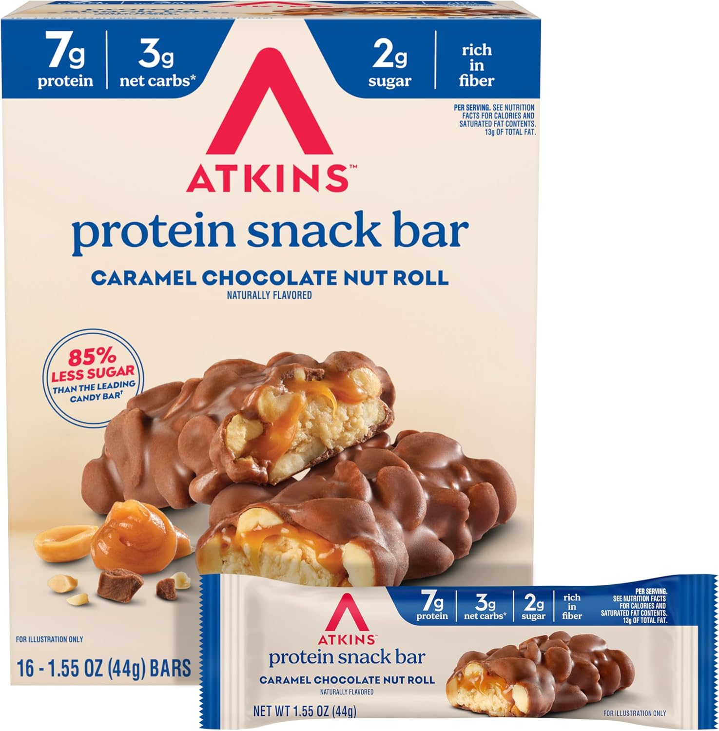 Atkins Caramel Chocolate Nut Roll Snack Bar, Protein Snack , 7g Protein, 2g Sugar, High Fiber Snack, 16 Count