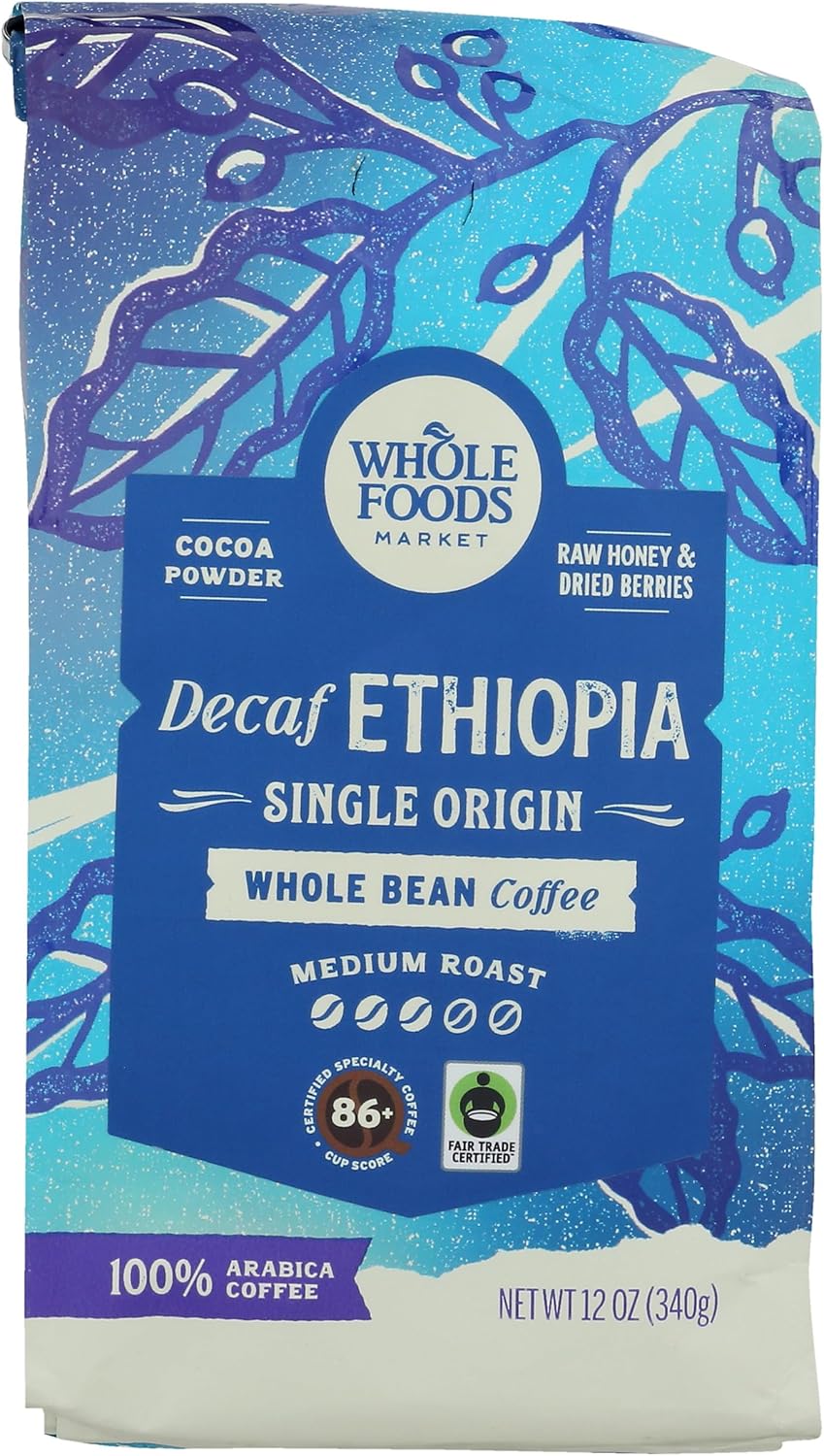 Whole Foods Market, Decaf Ethiopia Single Origin Whole Bean Coffee, Medium Roast, Cocoa Powder, Raw Honey & Dried Berries, 12 Ounce