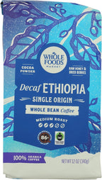 Whole Foods Market, Decaf Ethiopia Single Origin Whole Bean Coffee, Medium Roast, Cocoa Powder, Raw Honey & Dried Berries, 12 Ounce