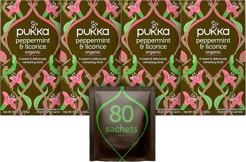 Pukka Herbs Organic Peppermint and Licorice Herbal Tea, 20 individually wrapped tea bags, 6 Count