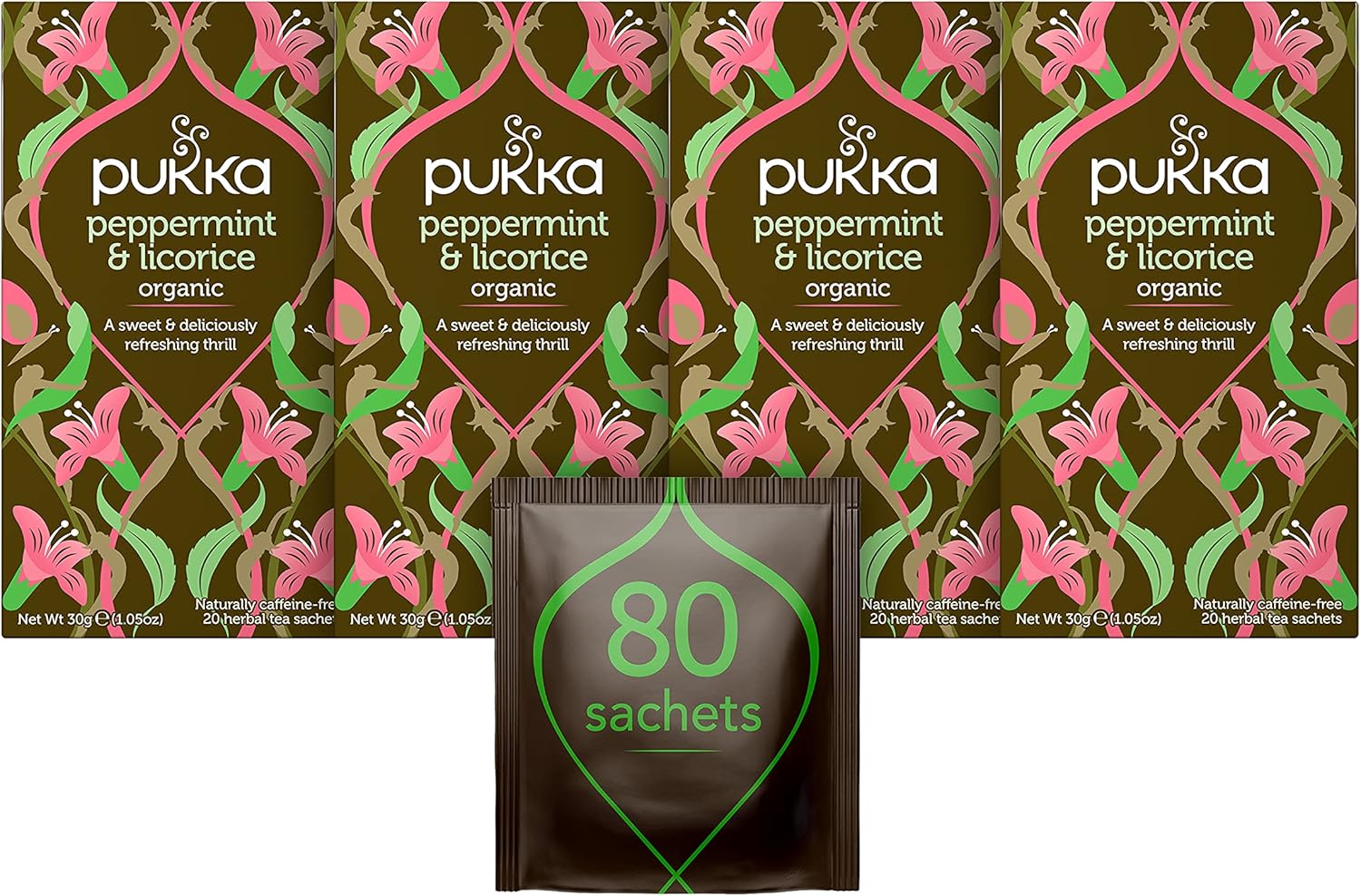 Pukka Herbs Organic Peppermint and Licorice Herbal Tea, 20 individually wrapped tea bags, 6 Count