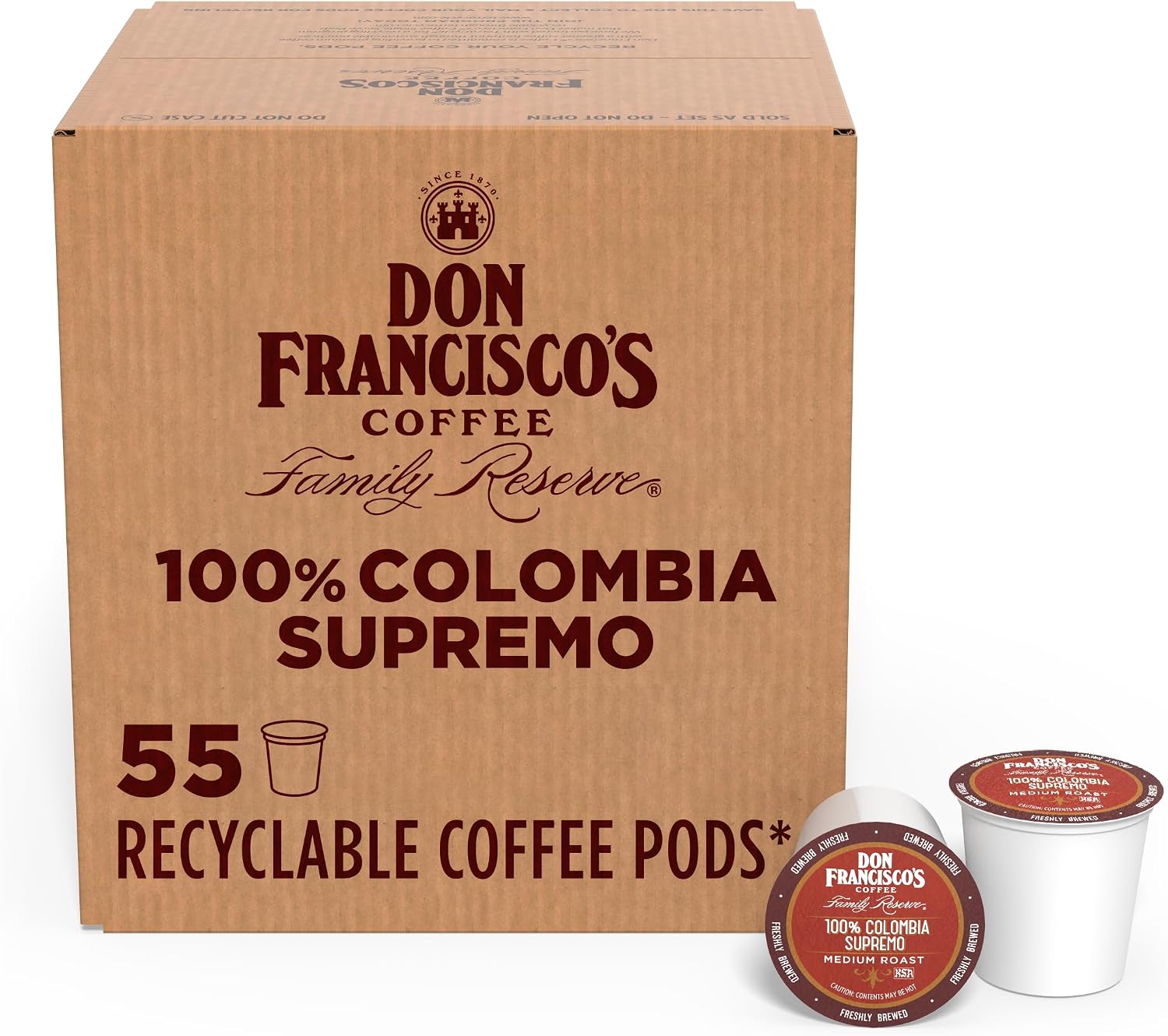 Don Francisco's 100% Colombia Supremo Coffee Pods, 55 Count, Medium Roast, Compatible with Keurig Brewers