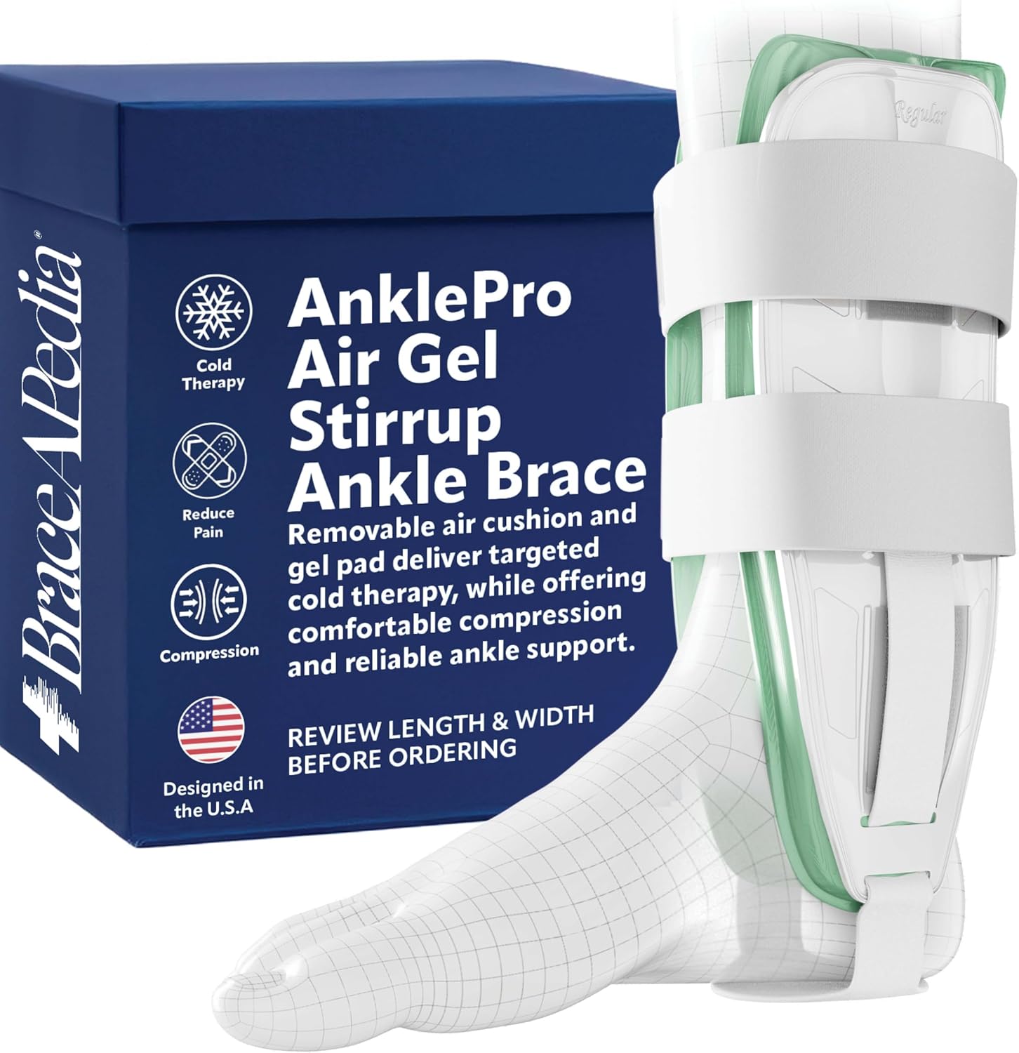 AnklePro Air Gel Stirrup Ankle Brace, Hard Core Side Stabilizer With Removable Cold Therapy Air Cushion & Gel Pad for Ankles, Ankle Brace for Women and Men, Ankle Support, Regular, White