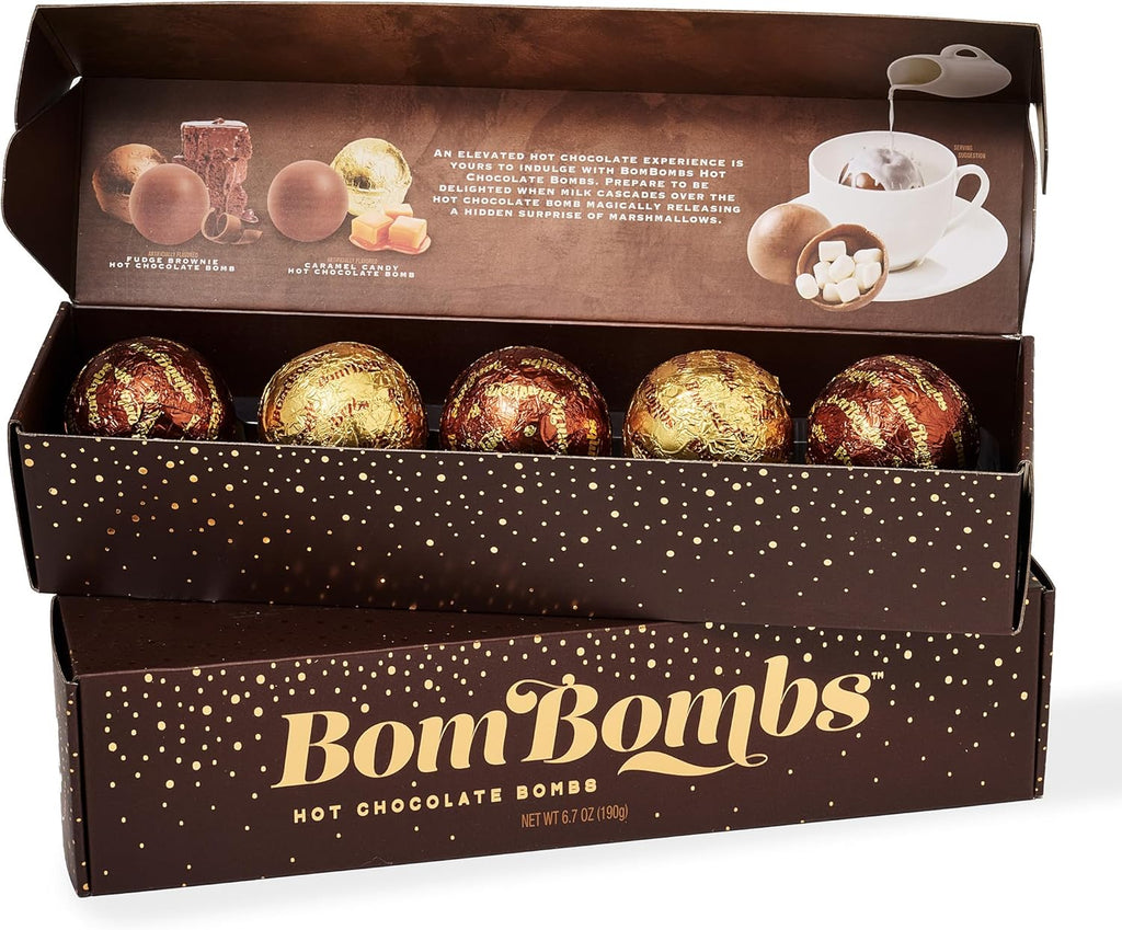 BomBombs, Hot Chocolate Bombs, Includes Fudge Brownie and Caramel Candy Cocoa Bombs Filled with Marshmallows, Pack of 5